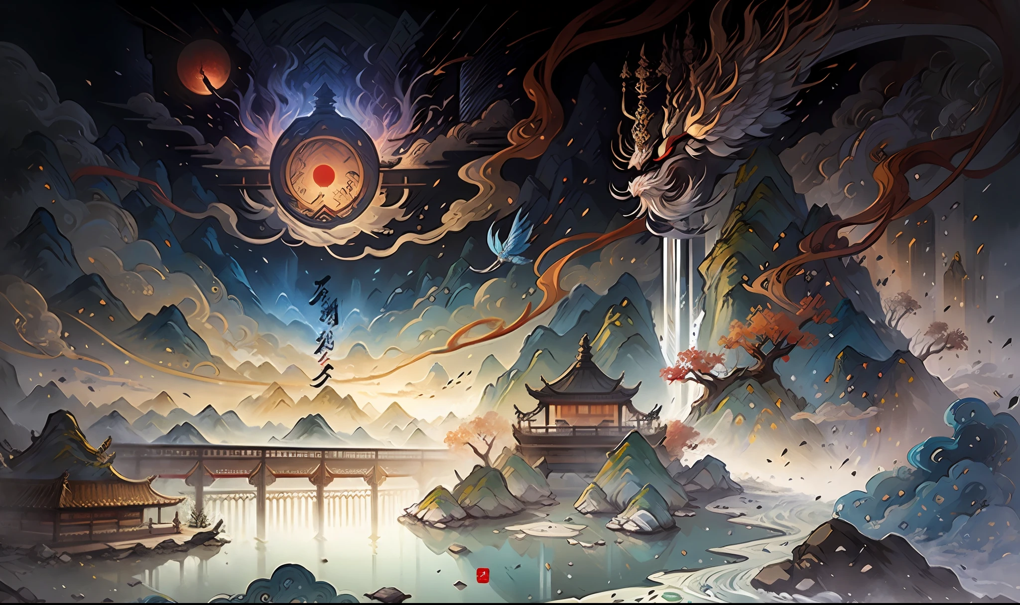 An ancient Chinese painting, ancient Chinese background, mountains, rivers, auspicious clouds, pavilions, sunshine, masterpieces, super detail, epic composition, ultra HD, high quality, extremely detailed, official art, unified 8k wallpaper, Super detail, 32k -- v 6