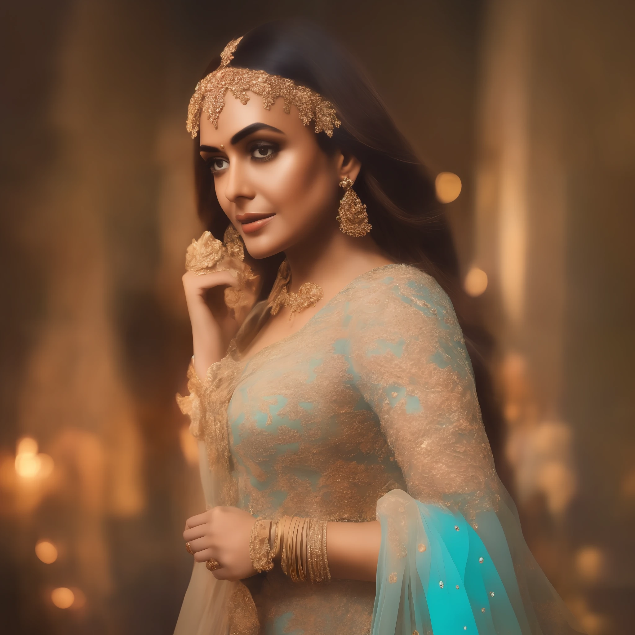 Indian Bollywood actress in the style of Alexandr Averin, dreamy, dark cyan and red, i can't believe how beautiful this is, serene atmosphere, ethereal light, epic realistic, illustrated by herg, style of Alois Arnegger, pen and ink,art by greg rutkowski and artgerm, soft cinematic light,hdr, intricate, highly detailed, (depth of field:1.4), faded, (neutral colors:1.2), (hdr:1.4), (muted colors:1.2), hyperdetailed, (artstation:1.4), cinematic, warm lights, dramatic light, (intricate details:1.1), complex background, (rutkowski:0.66), (teal and orange:0.4), (intricate details:1.12), hdr, (intricate details, hyperdetailed:1.15) (skin texture:1.2)