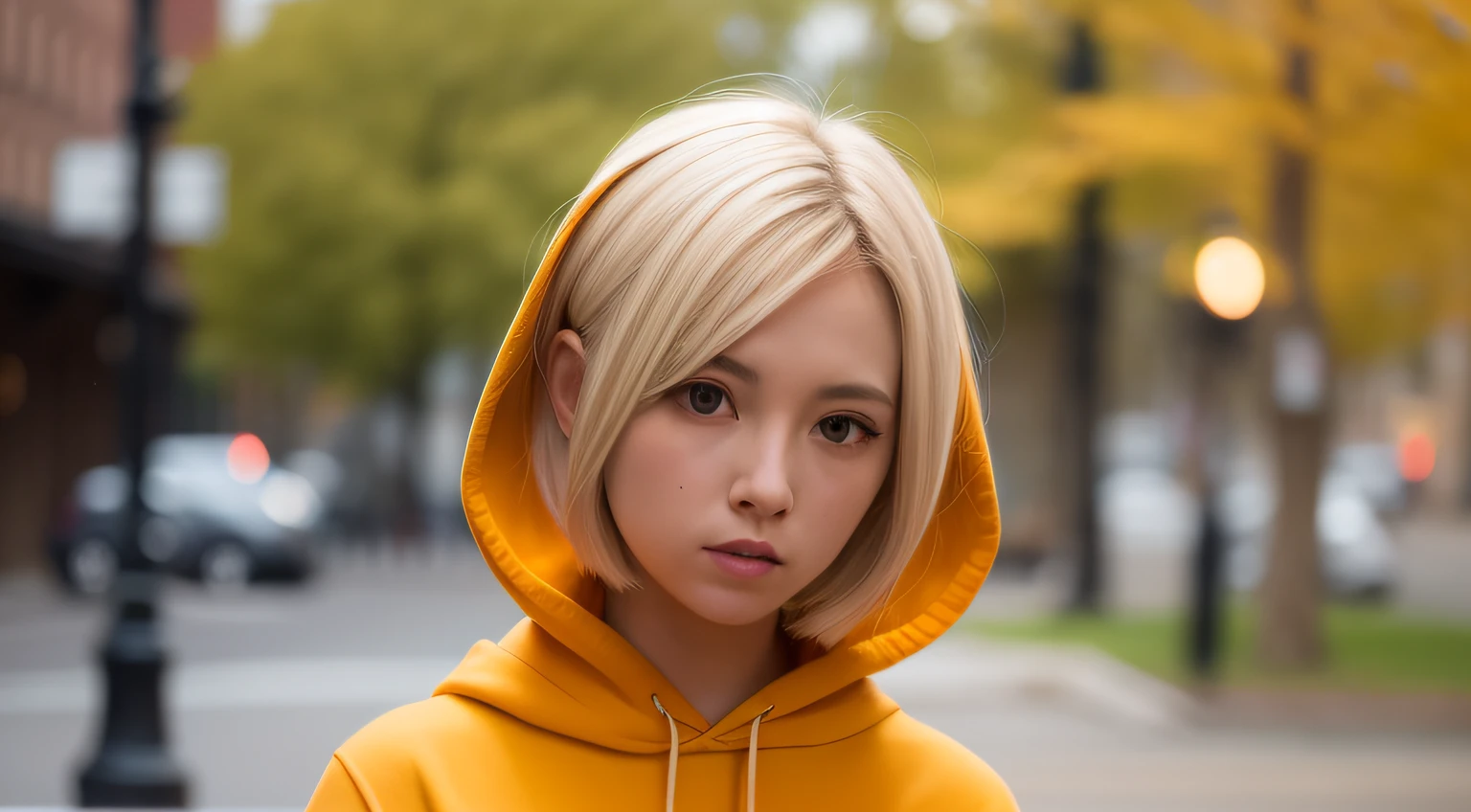 Blonde short hair, yellow eyes, orange hoodie, woman alone, live-action