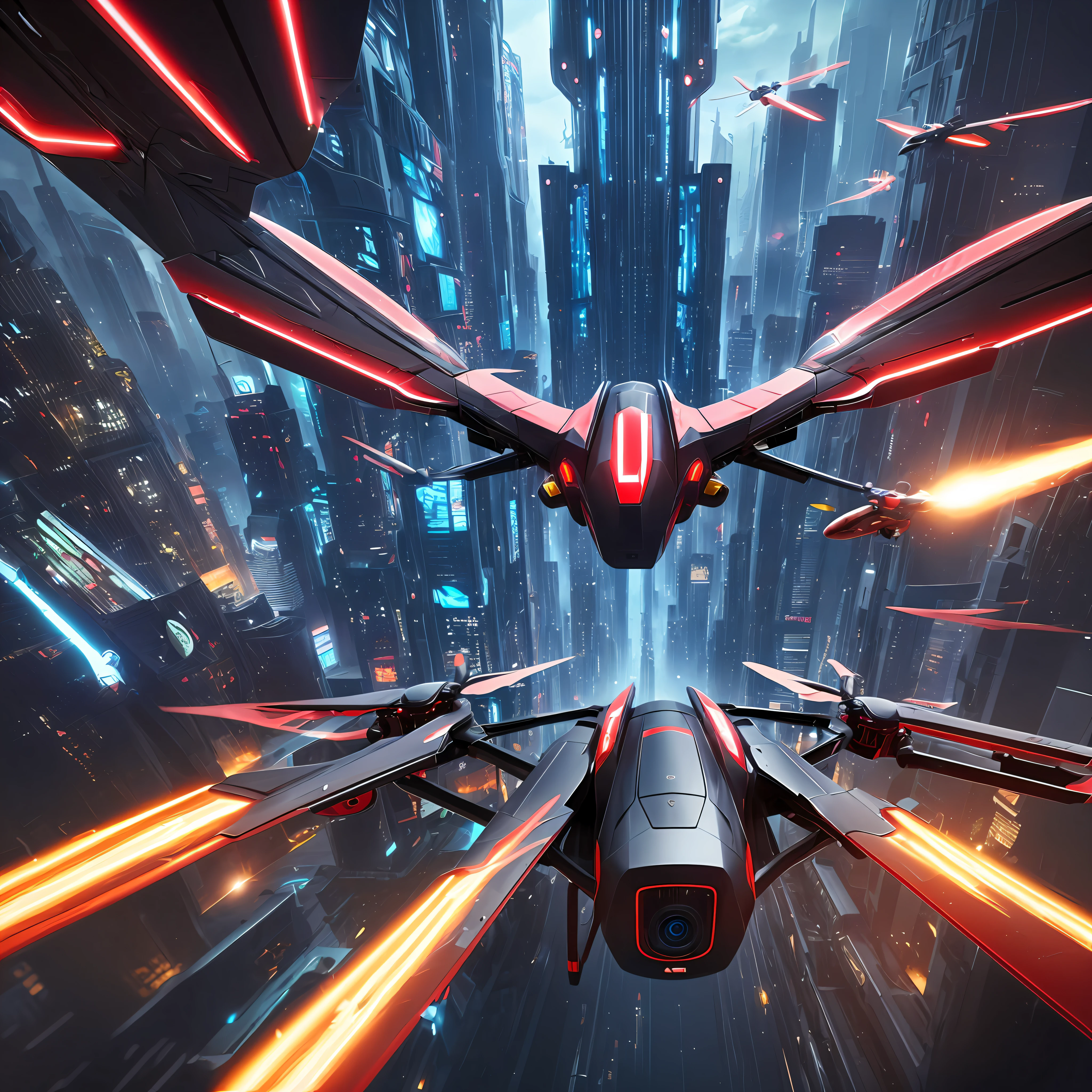 Style: Sci-Fi Future
Theme: Miniature flapping wing drone, futuristic city, close-up, frontal shooting, breakthrough screen
