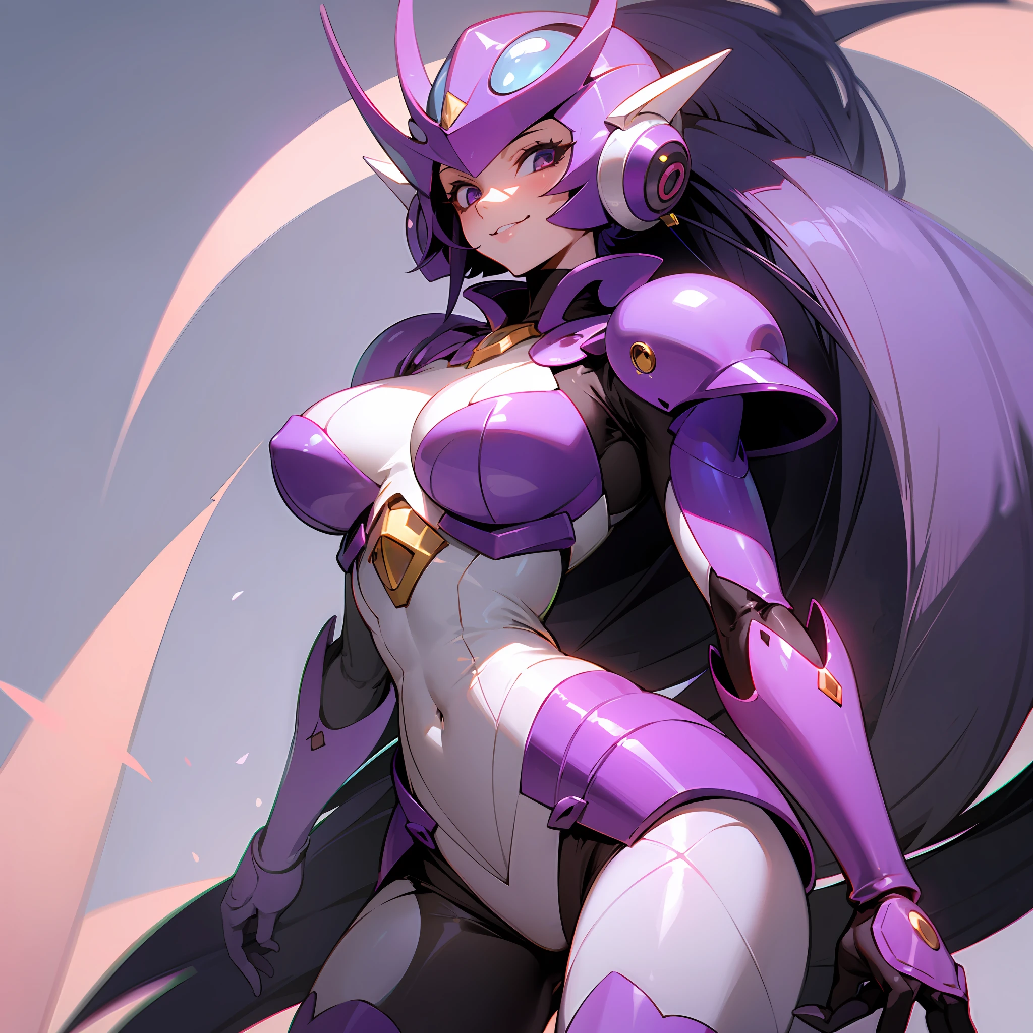 Cartoon photo of woman in white and purple costume, hot insect woman, guyver style, bad smile, scaraber reploid, bellows tail, cel shade adult animation, alien queen,