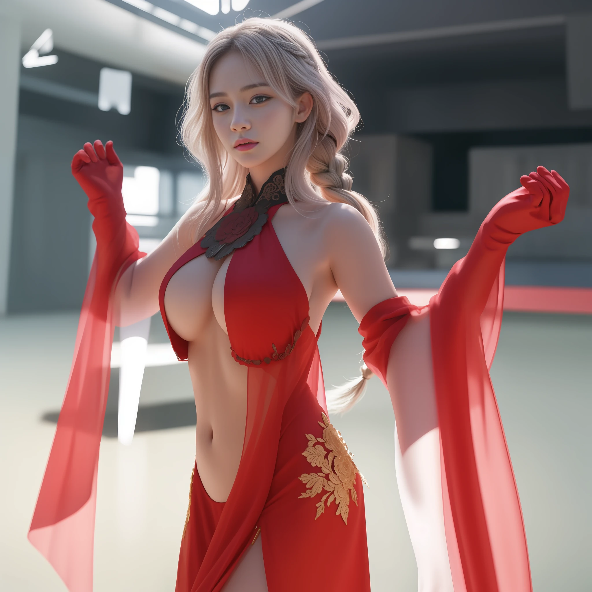A beautiful girl, Idol k-pop face, cute face, braid hair, intricate face details, detailed face, golden ratio face, super big breasts, big butt, big hip, big thighs, iricate hands, intricate feets, full body, 64K, UHD, HDR, global illumination, high quality, high detailed, hyper detailed, extremely detailed, photo realistic, ultra realistic, art photo, clarify the details, detailed parts body, intricate artwork masterpiece, trending on artstation