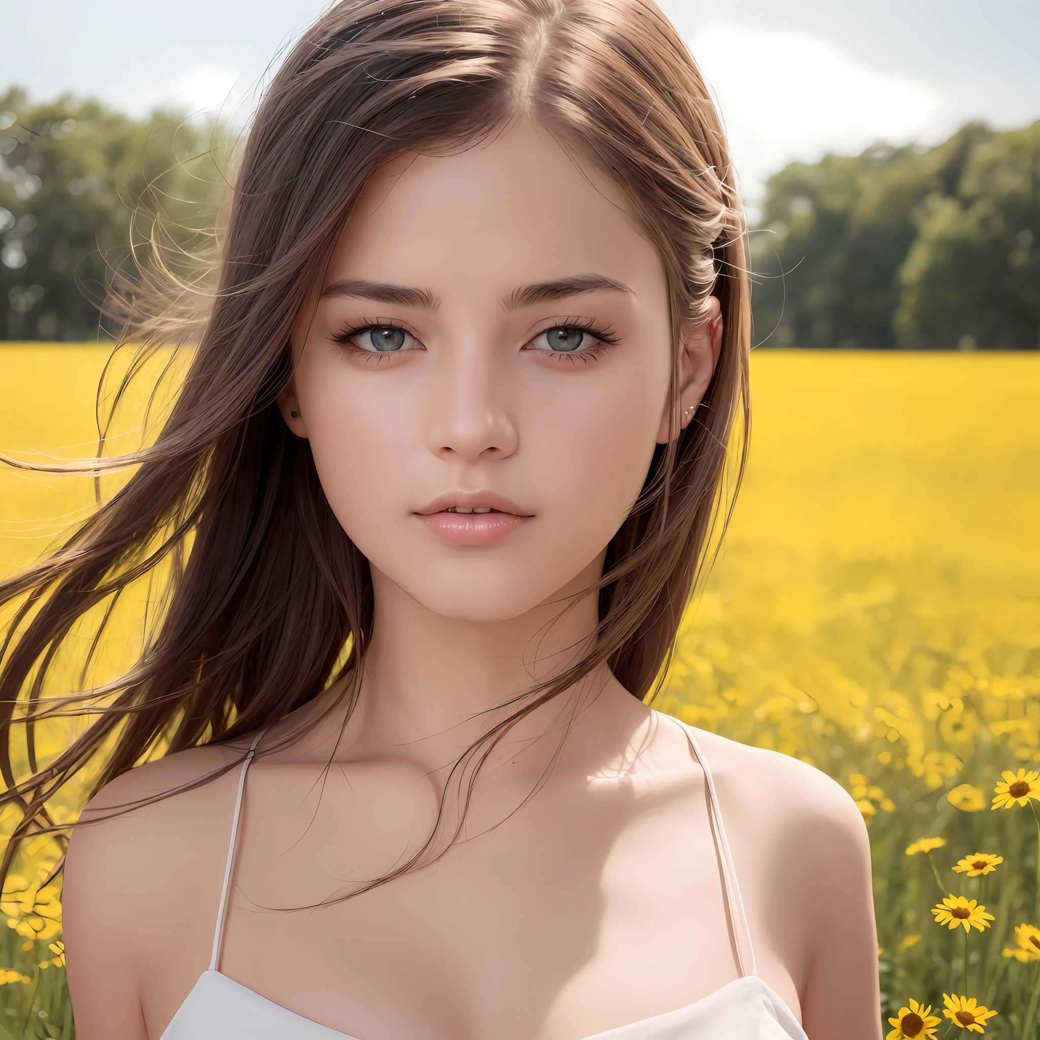 1girl, Beautiful face, (Realistic photo: 1.4), (High detail skin: 1.3), 8K UHD, DSLR, High quality, High resolution, 8K, Ultra high definition eyes, Ultra high definition lips, hair fluttering in the wind, meadow, erotic, chest seems to protrude from the chest, --auto