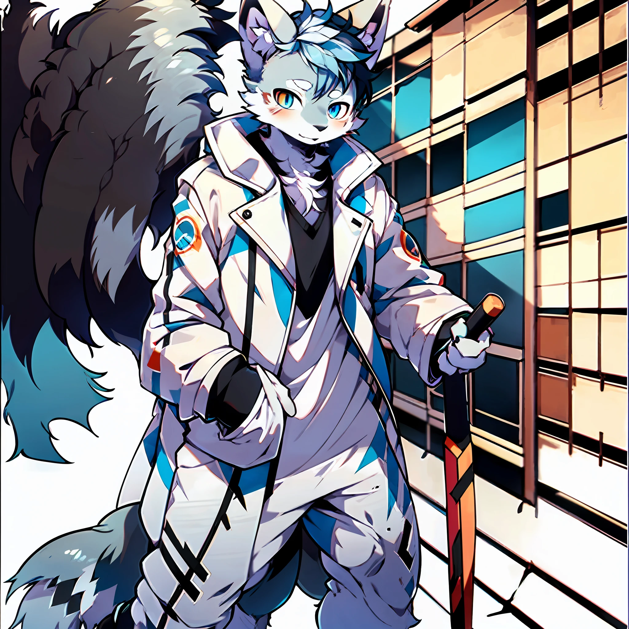 Furry, male arctic fox, gray fur, blue eyes, holding a squire, wearing a trench coat, standing outside the house, natural color, detailed background