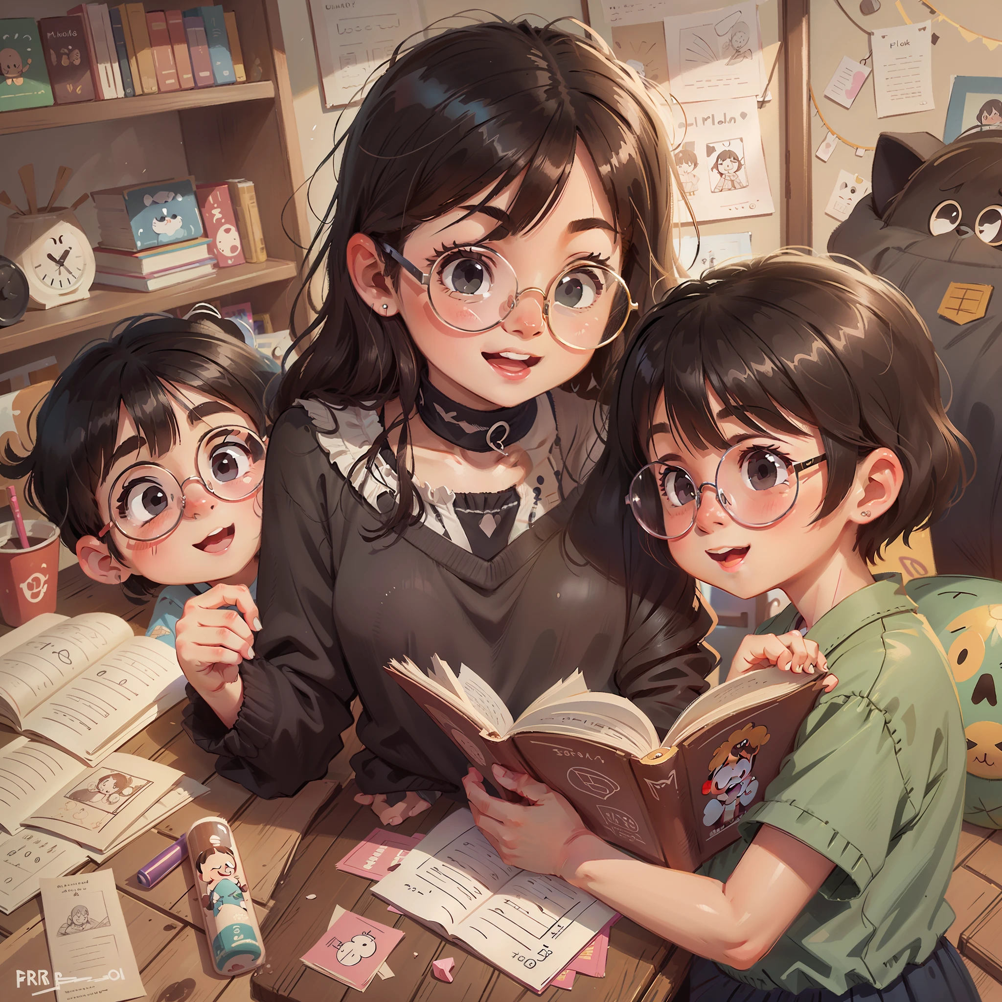 15 year old girl, black hair, eyeglasses, appeared cheerful, ultra detailed, children's drawing (((children))) reading to other children