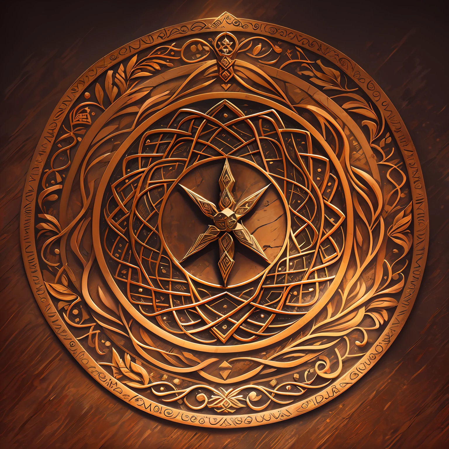 A wooden board in the middle of the picture, covered with delicate Celtic patterns, soft light, delicate wood grain, top view