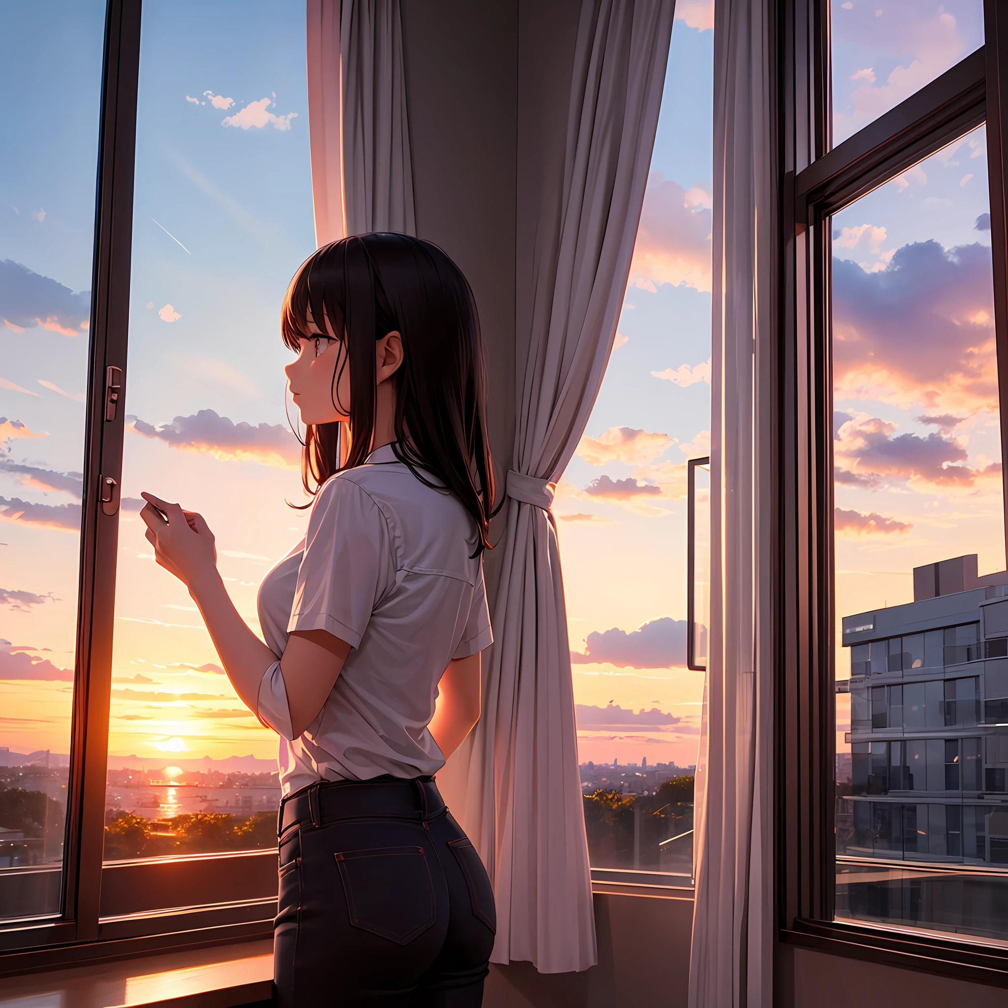 A young woman stood at the window looking at the sunset --auto
