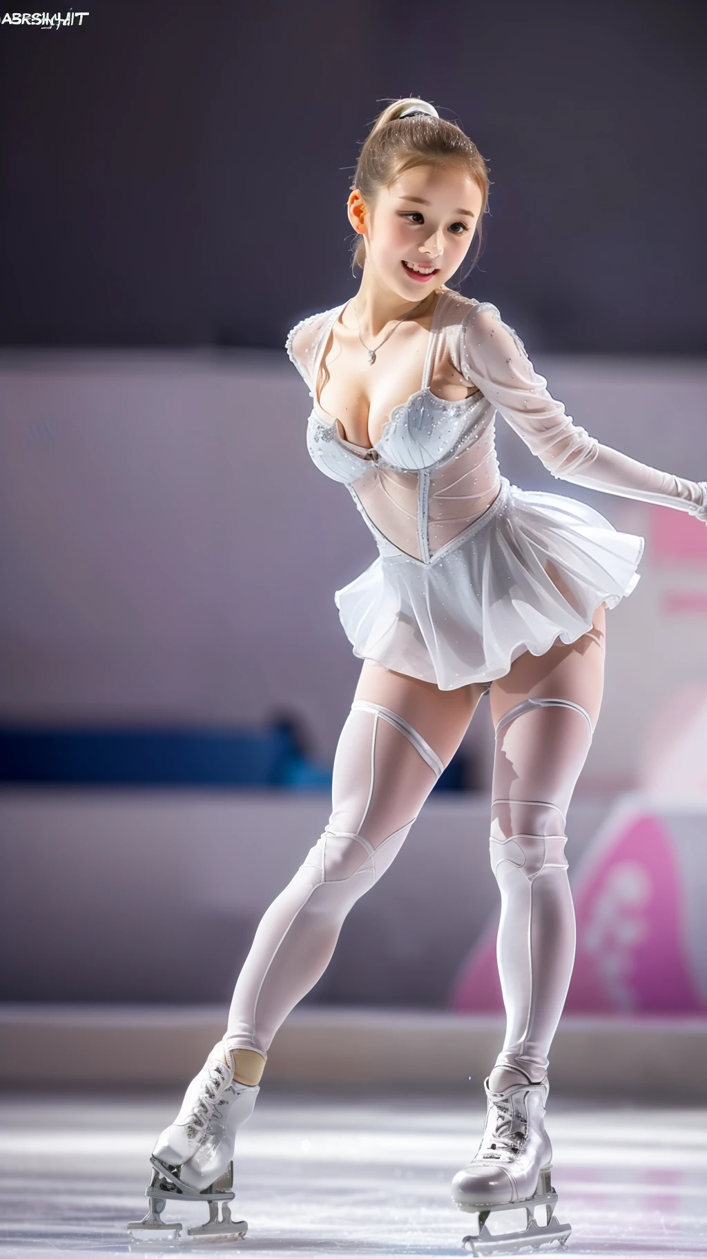 masterpiece, ultra high res, (photorealistic:1.4), 8k, RAW photo, best quality, detailed shadow, best quality, amazing, finely detail, official art, absurdres, soft lighting, sharp focus, (bokeh:0.5), light from the front, bloom, cinematic lighting, light on face, Volumetric lighting, (dynamic pose:1.6), (full body:1.5),
1girl, (huge breast:1.2), (cleavage:1.4), (light brown long hair:1.2), (ponytail:1.6), (narrow weist:1.8), (abs:0.7), (age:1),(collarbones:1), (skinny:1.2), (very cute:1.5), (Japanese face:1.2), (wide forehead:1.3), (fair skin:1.5), (transparent skin:1.5), (kawaii:1.5), (lolie:1.5), (Figure skating:1.6),
((silver)figure skating clothes:1.6), (laugh:1),
(international skating rink:1.5), (soptlight:1.4),