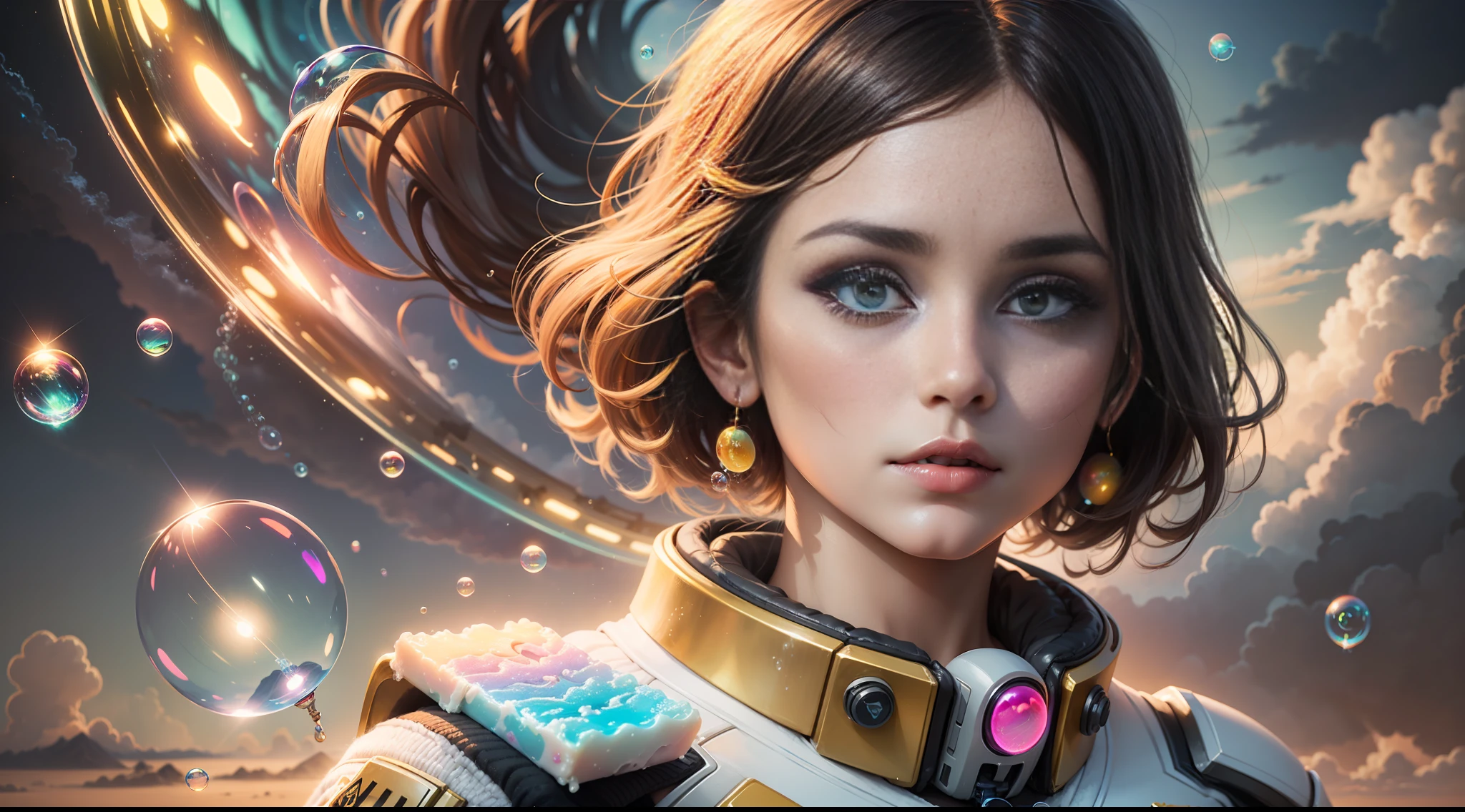 hd masterpiece, one standing woman space cadet looking at camera, detailed face, mid shot, golden suit, ((colorful clouds)) and (((neon soap bubbles))), jungles background