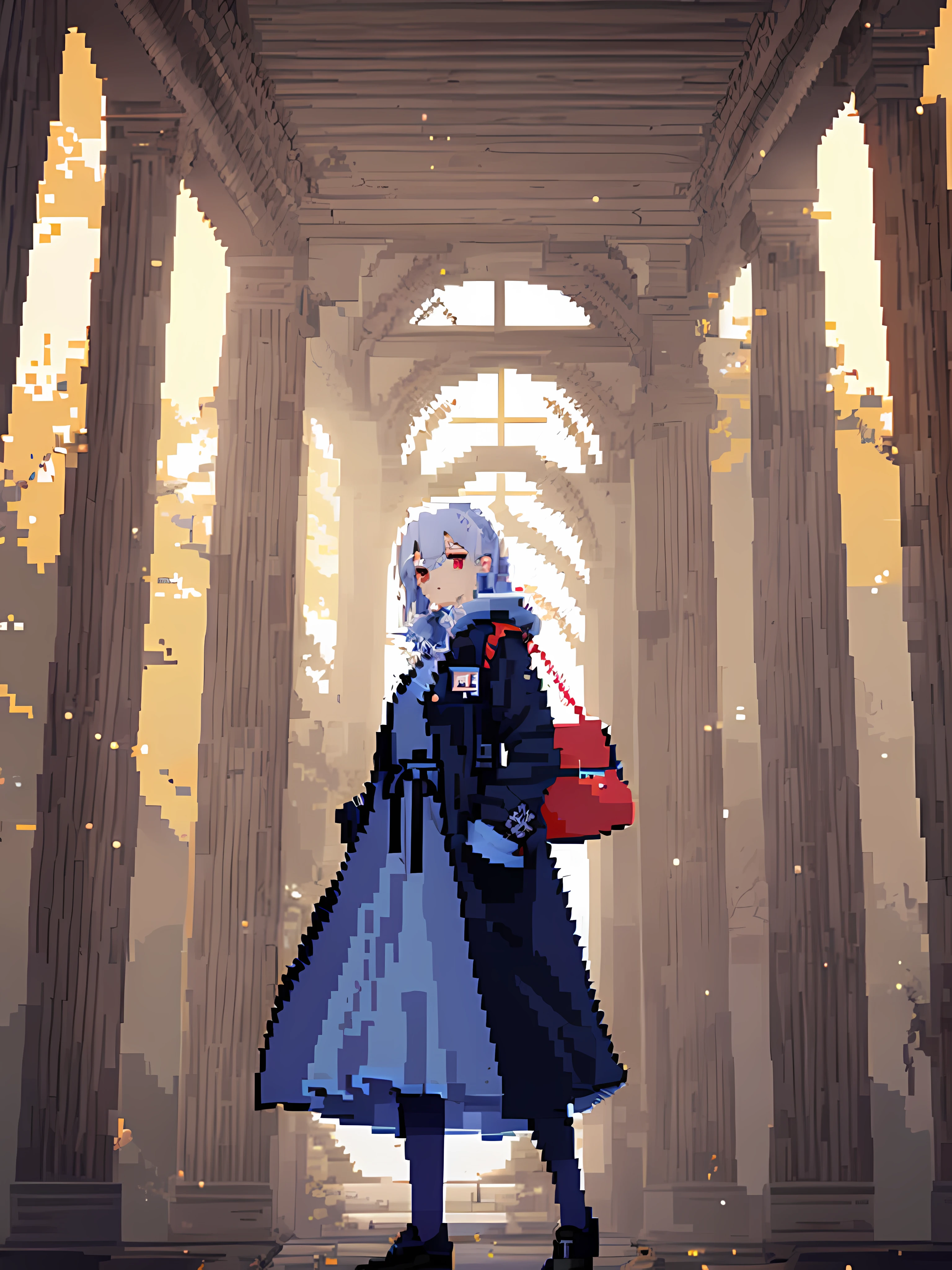((pixel art)),masterpiece,best quality,cinematic lighting,soft lighting,(1girl :1.3),morning,red eyes,baird White hair,(TechWear :1.1),transparent raincoatblack gloves,black coat,(with red ornaments :1.05),(有蓝色装饰:1.03),侧视,平胸,下雨,美丽的细节水,美丽的细节天空,废墟，