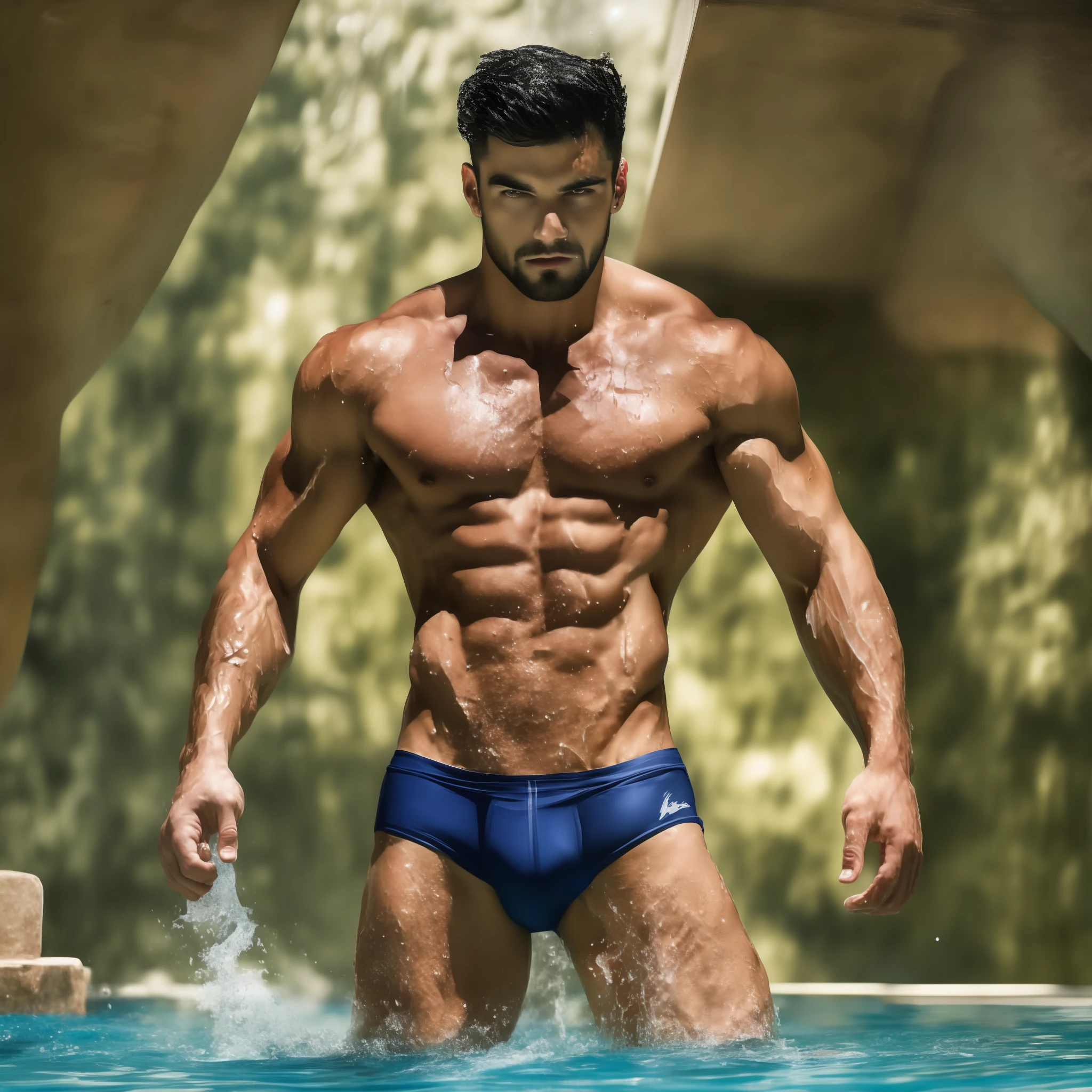 photorealistic bara character portrait painting including full-body-image, handsome muscular male Black Hair Middle Eastern, long shot, human male, swimmer standing emerging wet from a greek infinity pool, speedo, highly tattooed, dynamic pose, adult action hero, armpits,intricate and detailed drawing