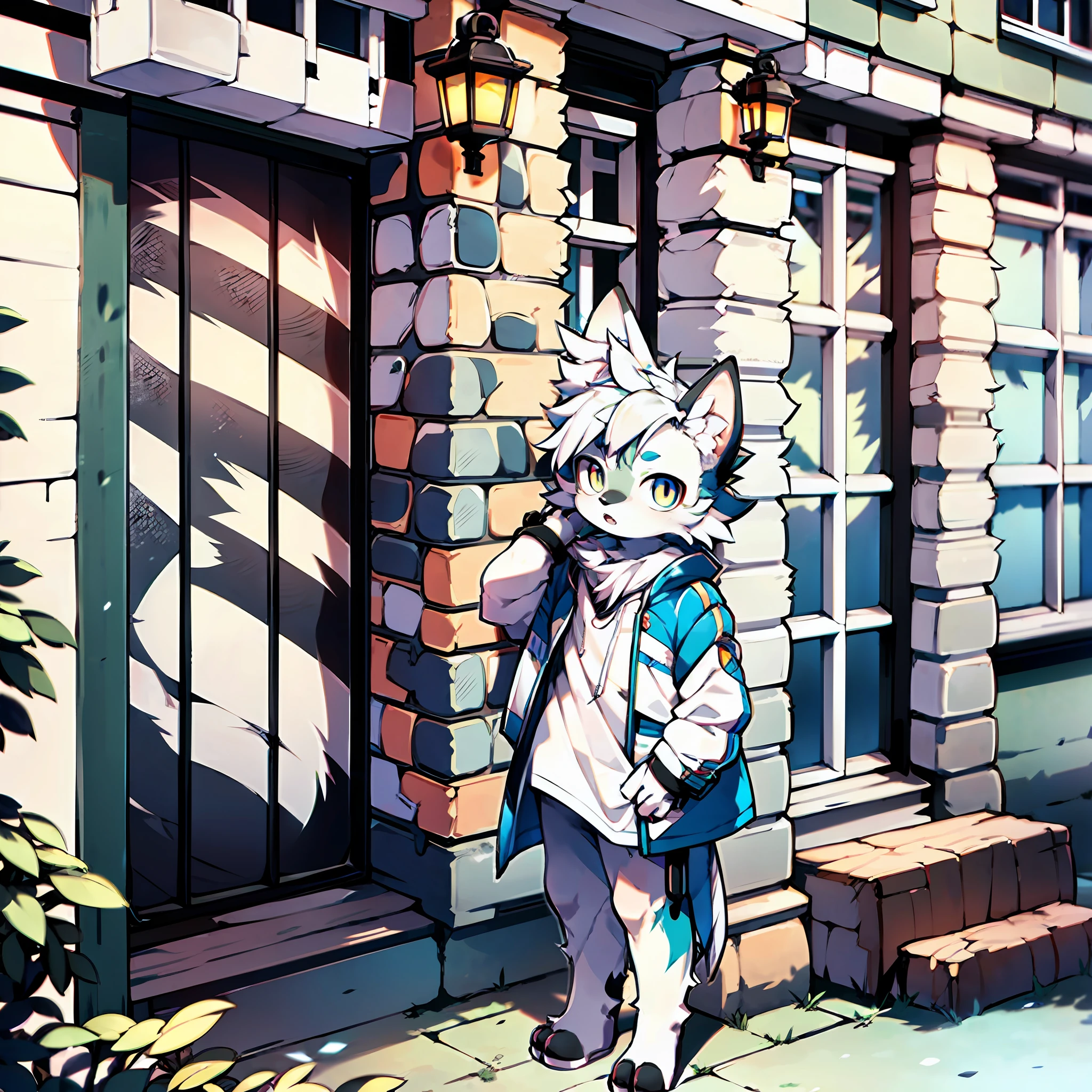 Furry, male arctic fox, gray fur, blue eyes, holding a squire, wearing a trench coat, standing outside the house, natural color, detailed background