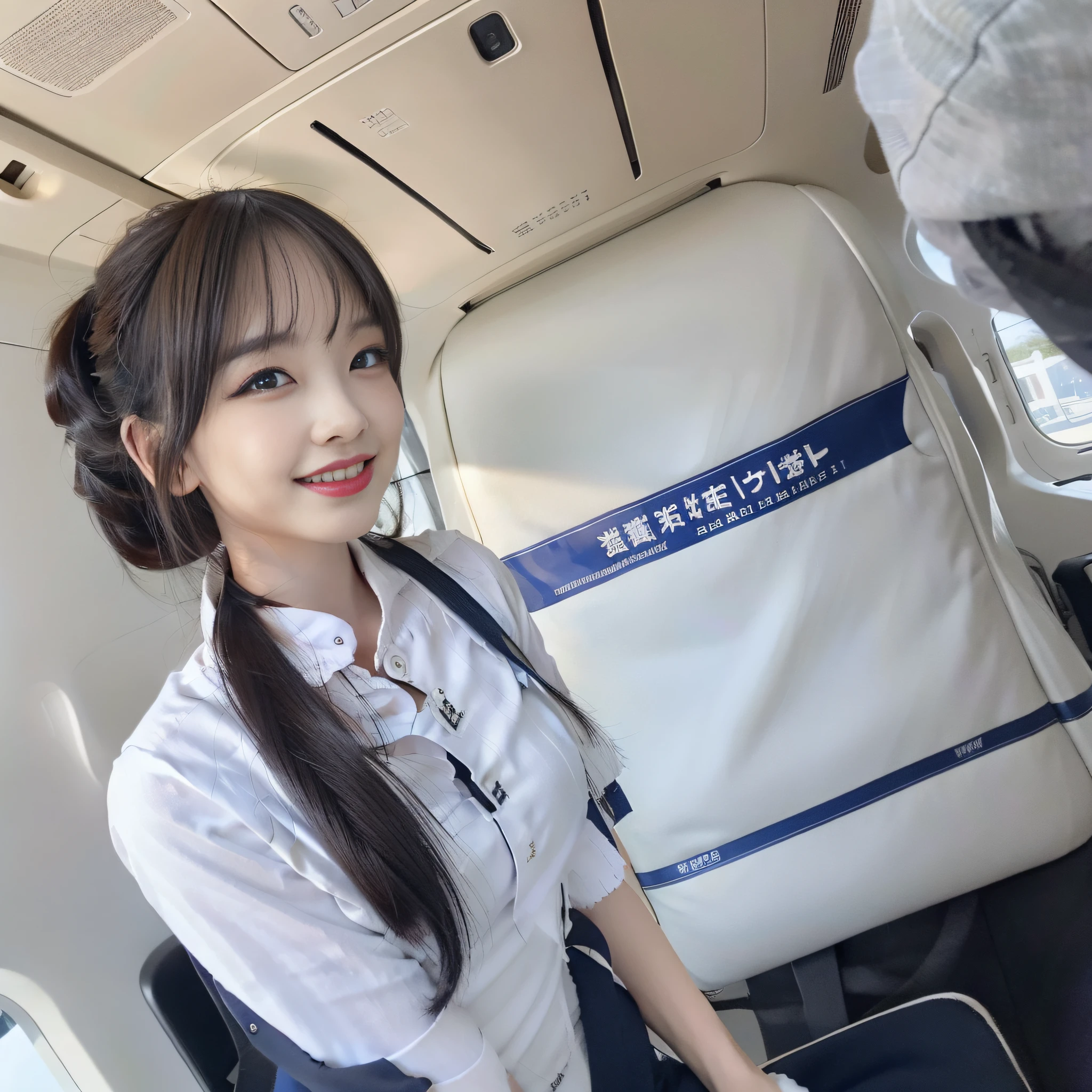 Masterpiece, Best Quality, Ultra Detail, (Photorealistic Photos: 1.6), Soft Light, RAW Photos, 16K, High Resolution, High Definition Skin, High Definition Face,16K, (From Front View:1.3), Look Viewer, Break (Cowboy Shot; 1.5), Standing, Full Body, (In Airliner Cabin: 1.2), Small Head, Thin Head, (Kindly Smile: 1.4), Break Japan pretty neat and clean beautiful flight attendant, 25 years old, slim body, small breasts, thin and fleshy lips, thin skin, black and chignon hair, high nose bridge, natural makeup, break (flight attendant uniform: 1.4)