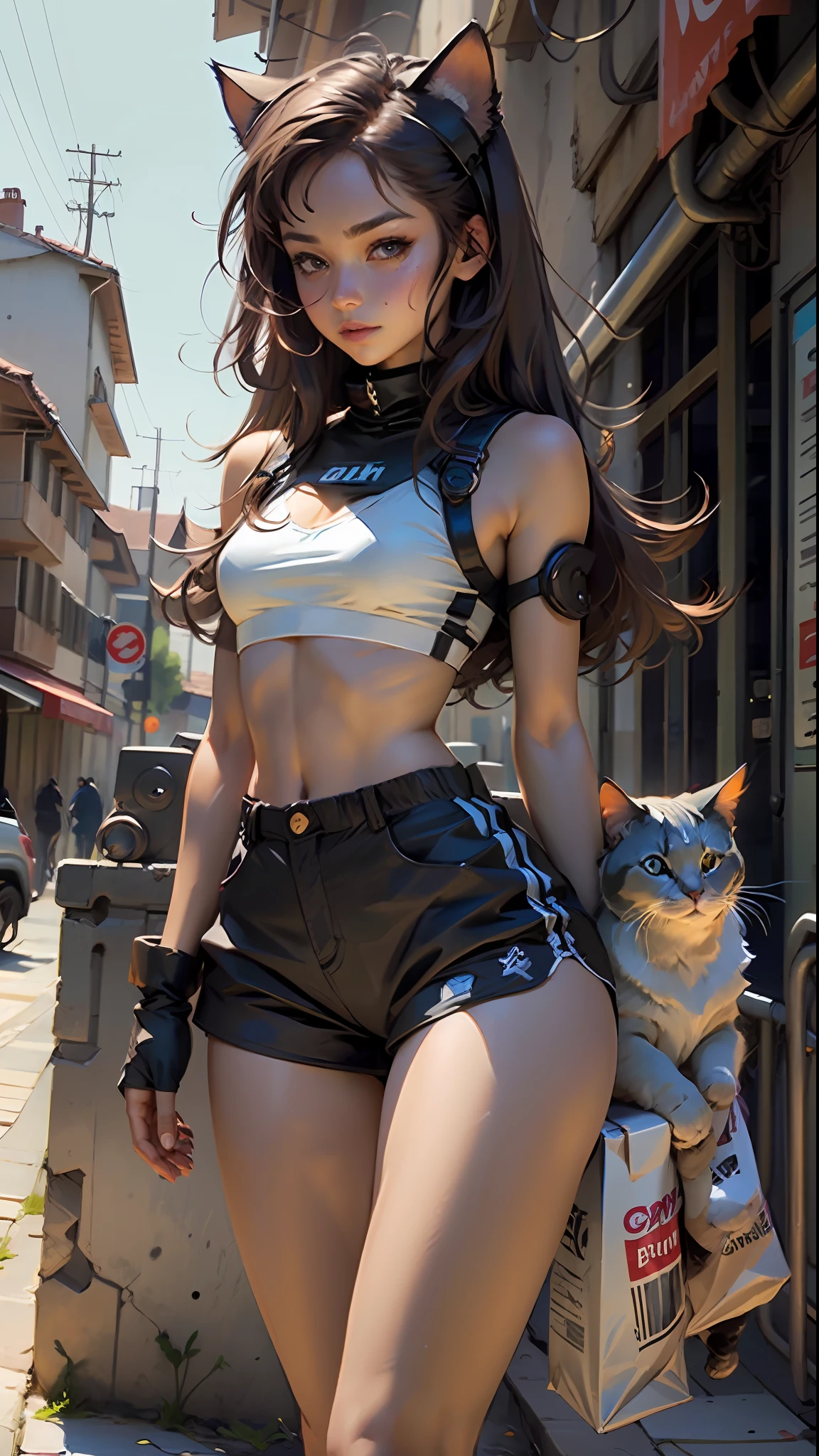 Defined female body, thick thighs, cybernetic body parts, black shorts, black training bra, cat ears, caramel brown eyes, long brown brown hair,