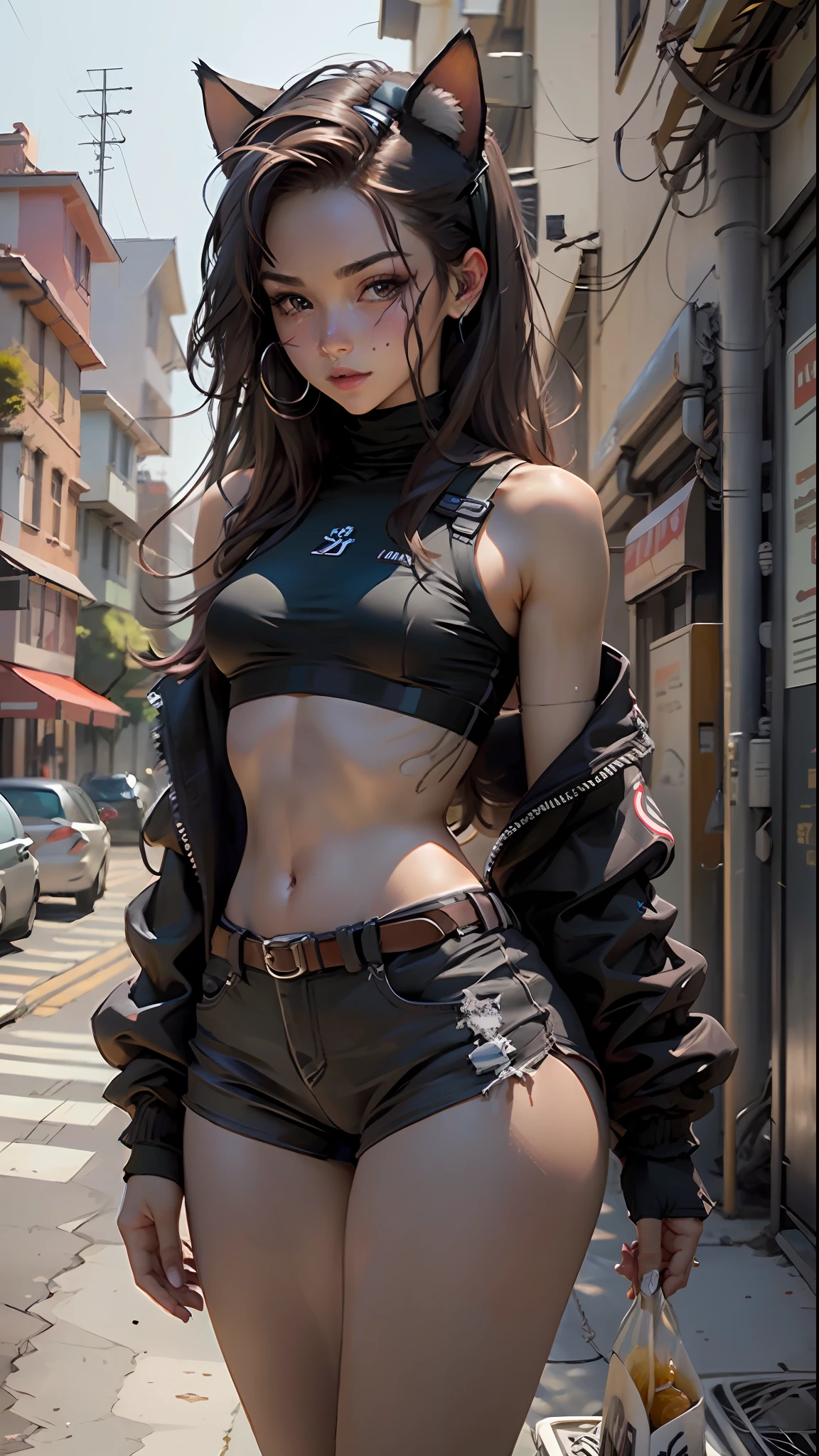 Defined female body, thick thighs, cybernetic body parts, black shorts, black training bra, cat ears, caramel brown eyes, long brown brown hair,