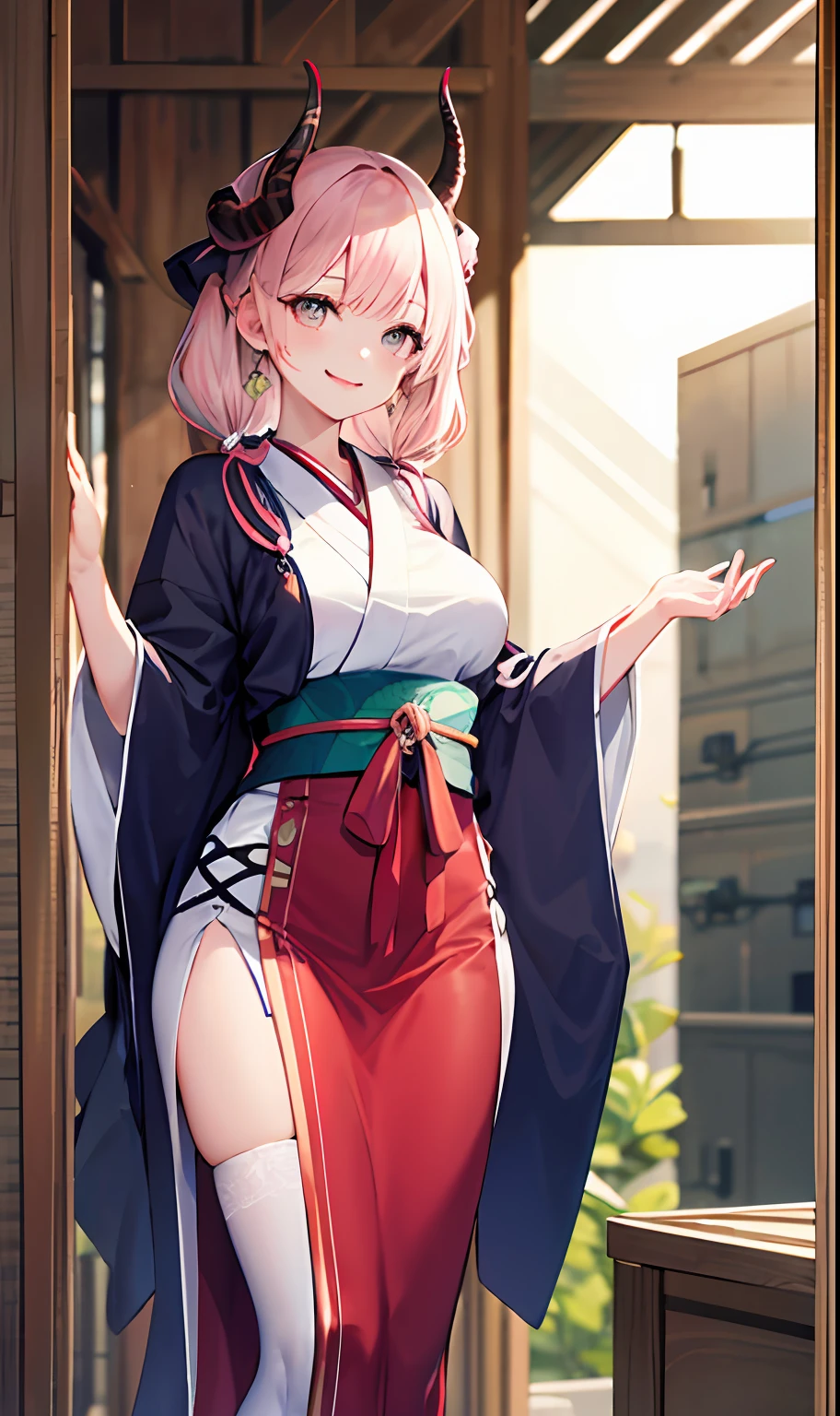 ((Masterpiece, Best Quality)), (1 person), (()), Pale Pink Hair, Hello, Horn, (OL)), Bangs, Medium, (Breast Augmentation), Slim, Smile, [Wide Hips], Japanese Clothes, Standing, A\ \ (Blue Archive)