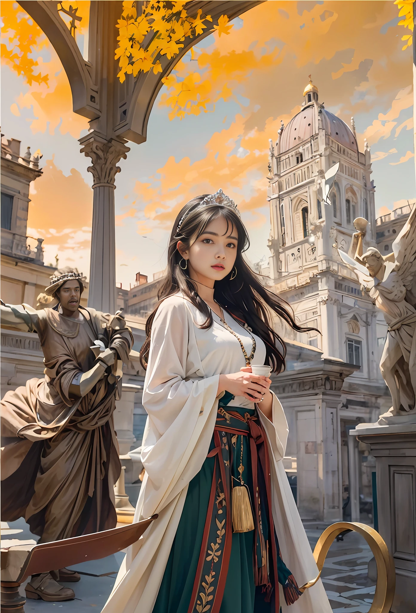 Model shooting style, (extremely detailed CG Unity 8k wallpaper), full-shot body photo of the most beautiful artwork in the world, stunning beautiful photo realistic available, super realistic super detailed photo, a beautiful girl as a female dancer entering the Loggia dei Lanzi of Florence,complex dress, banquet, crowd, [slight smile], (Sculpture of Hercules background), (princess eyes, shining pupils), detailed symmetrical beautiful hazel eyes, detailed gorgeous face, highly detailed, Vibrant, professional majestic oil painting by Ed Blinkey, Atey Ghailan, Studio Ghibli, Jeremy Mann, Greg Manchess, Antonio Moro, ArtStation Trends, CGSociety Trends, Complex, High Detail, Sharp Focus, Dramatic, Realistic Painting Art, by Midjourney and Greg Written by Rutkowski