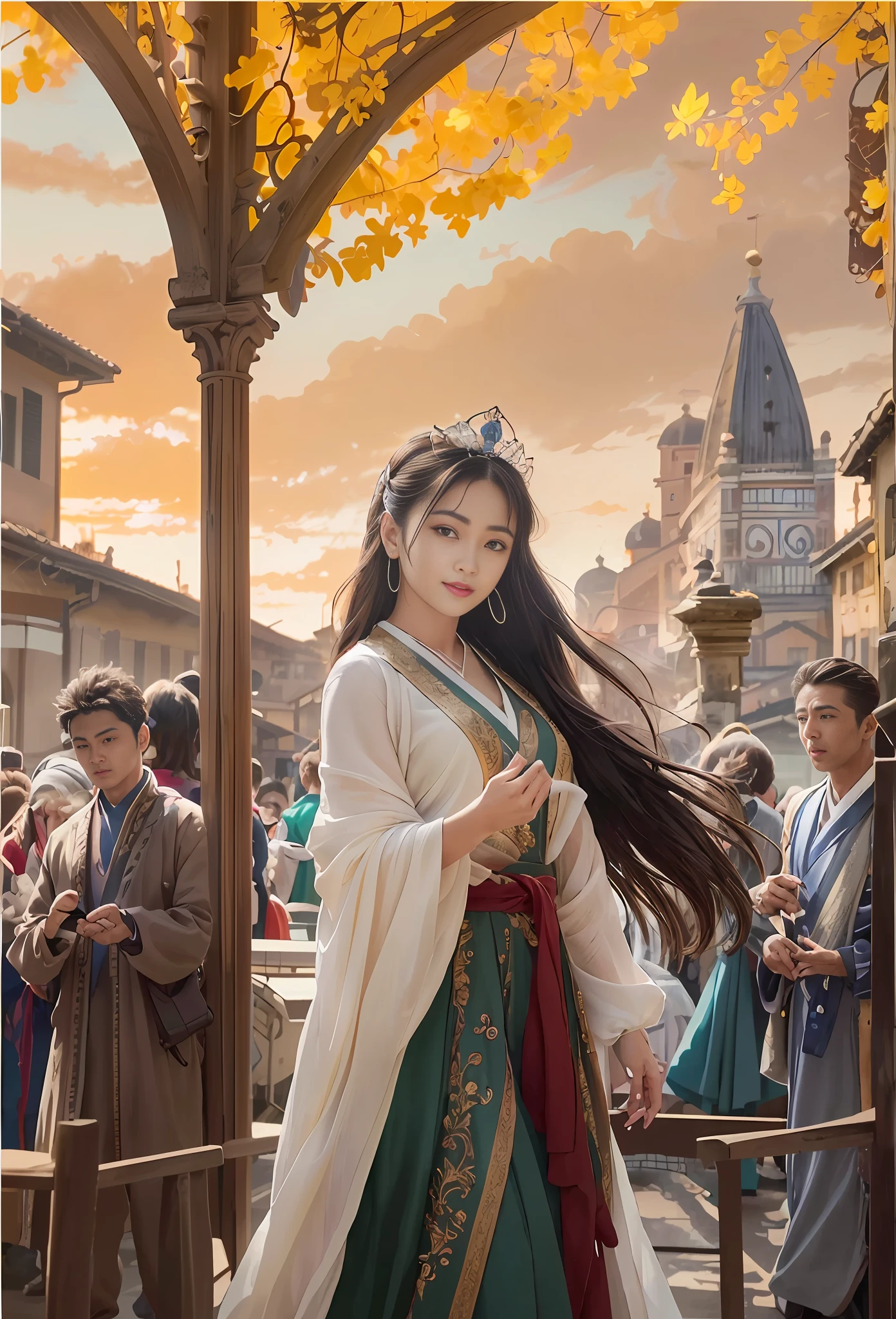 Model shooting style, (extremely detailed CG Unity 8k wallpaper), full-shot body photo of the most beautiful artwork in the world, stunning beautiful photo realistic available, super realistic super detailed photo, a beautiful girl as a female dancer entering the Loggia dei Lanzi of Florence,complex dress, banquet, crowd, [slight smile], (Sculpture of Hercules background), (princess eyes, shining pupils), detailed symmetrical beautiful hazel eyes, detailed gorgeous face, highly detailed, Vibrant, professional majestic oil painting by Ed Blinkey, Atey Ghailan, Studio Ghibli, Jeremy Mann, Greg Manchess, Antonio Moro, ArtStation Trends, CGSociety Trends, Complex, High Detail, Sharp Focus, Dramatic, Realistic Painting Art, by Midjourney and Greg Written by Rutkowski