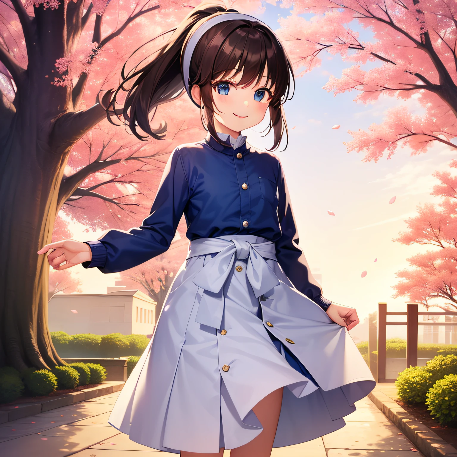 Top quality, very delicate and beautiful, girl, , (dark brown hair), blue clothes with vertical buttons, belt at the waist, white skirt, (ponytail)), (white hair band), (brown boots), blue eyes, standing, smiling, background Japan garden and cherry blossoms