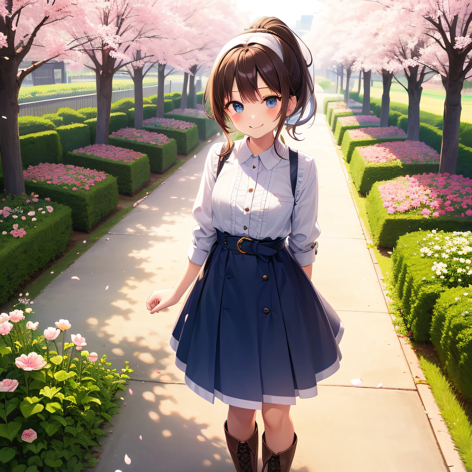Top quality, very delicate and beautiful, girl, 11 years old, (dark brown hair), blue clothes with vertical buttons, belt at the waist, white skirt, (ponytail)), (white hair band), (brown boots), blue eyes, standing, smiling, background Japan garden and cherry blossoms