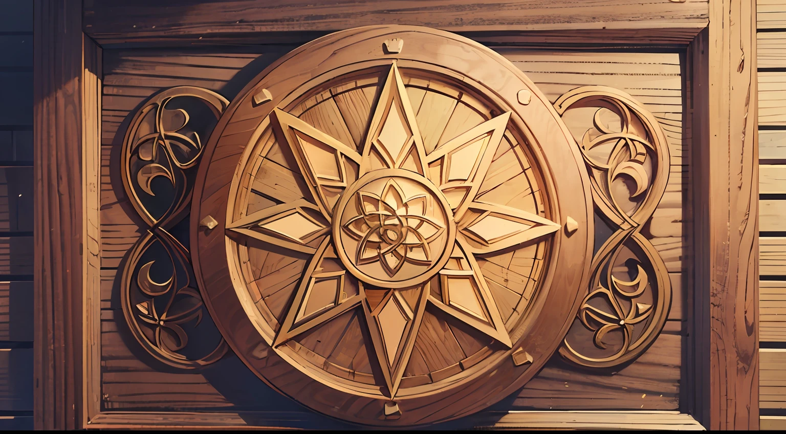 A wooden board in the middle of the picture, covered with delicate Celtic patterns, soft light, delicate wood grain, top view