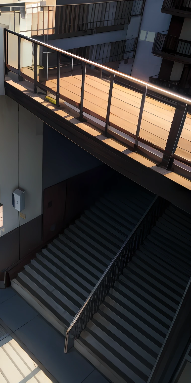 stairs, apartment buildings, overhead shots, Japanese anime style,