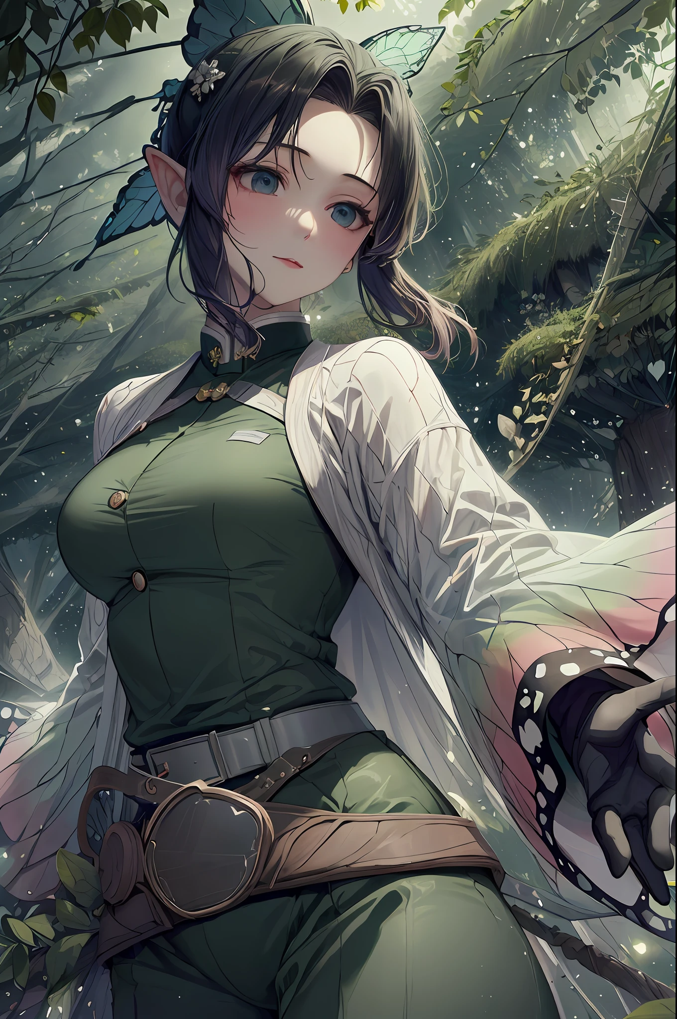 (Masterpiece, Top Quality, Best, Official Art, Beautiful and Aesthetic, Long Exposure: 1.2), Smooth Movement, Charming Patterns, 1 Girl, (Long Dress with Sleeves: 1.3), (((Green Clothes) )), upper body close-up, bare shoulders, Chinese girl, blush, black lob hair, portrait, solo, upper body, looking at the observer, detailed background, detailed face, (crystallineAI, crystalline theme:1.1), elemental wood elf, rotation foliage, control foliage, emerald clothing, dynamic pose, floating particles, ethereal dynamics, foliage, vapor, forest in the background, green tint, forest, ethereal atmosphere,