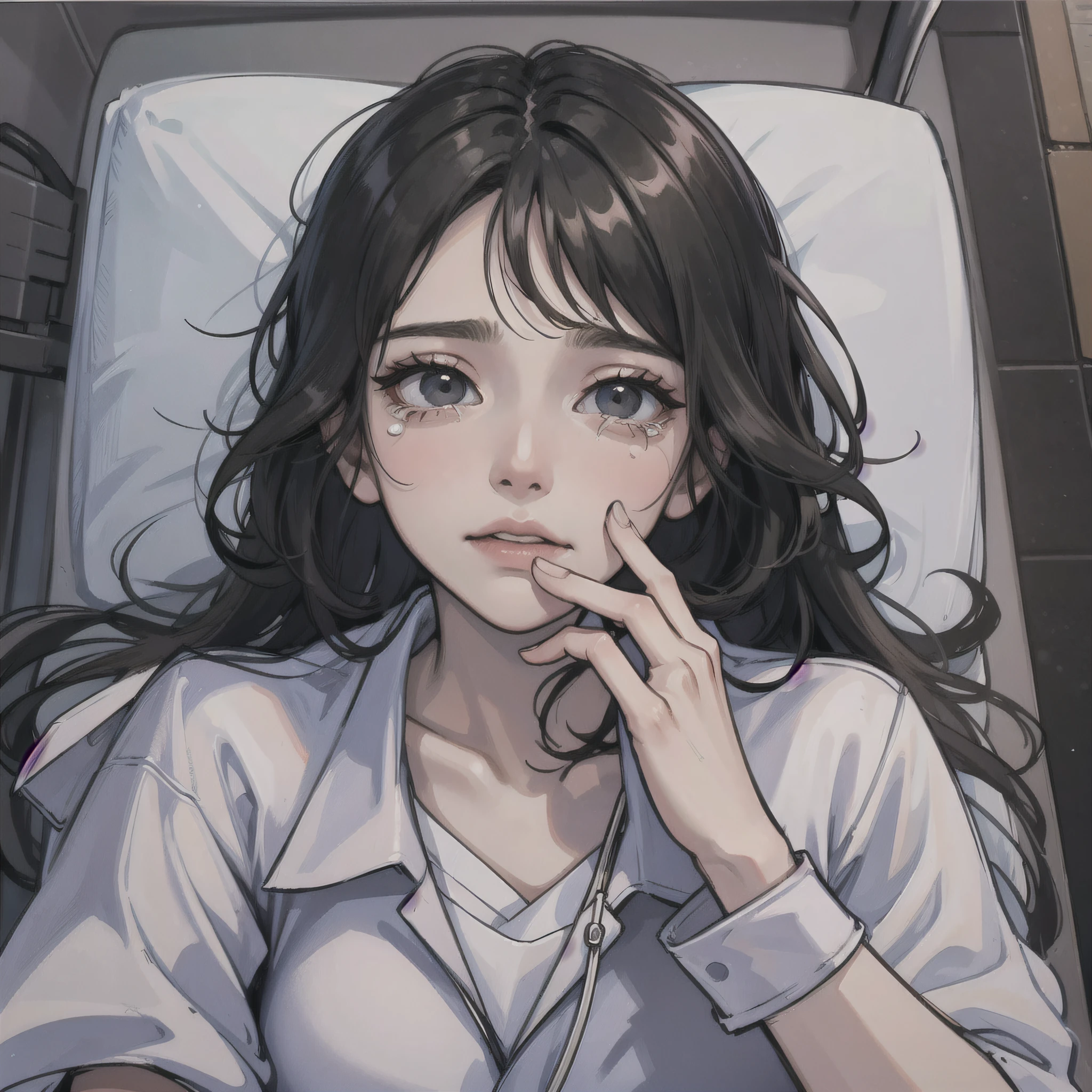 A woman with long black hair, wearing a hospital gown, lying on a hospital bed, tears, close-up of her face, background: hospital