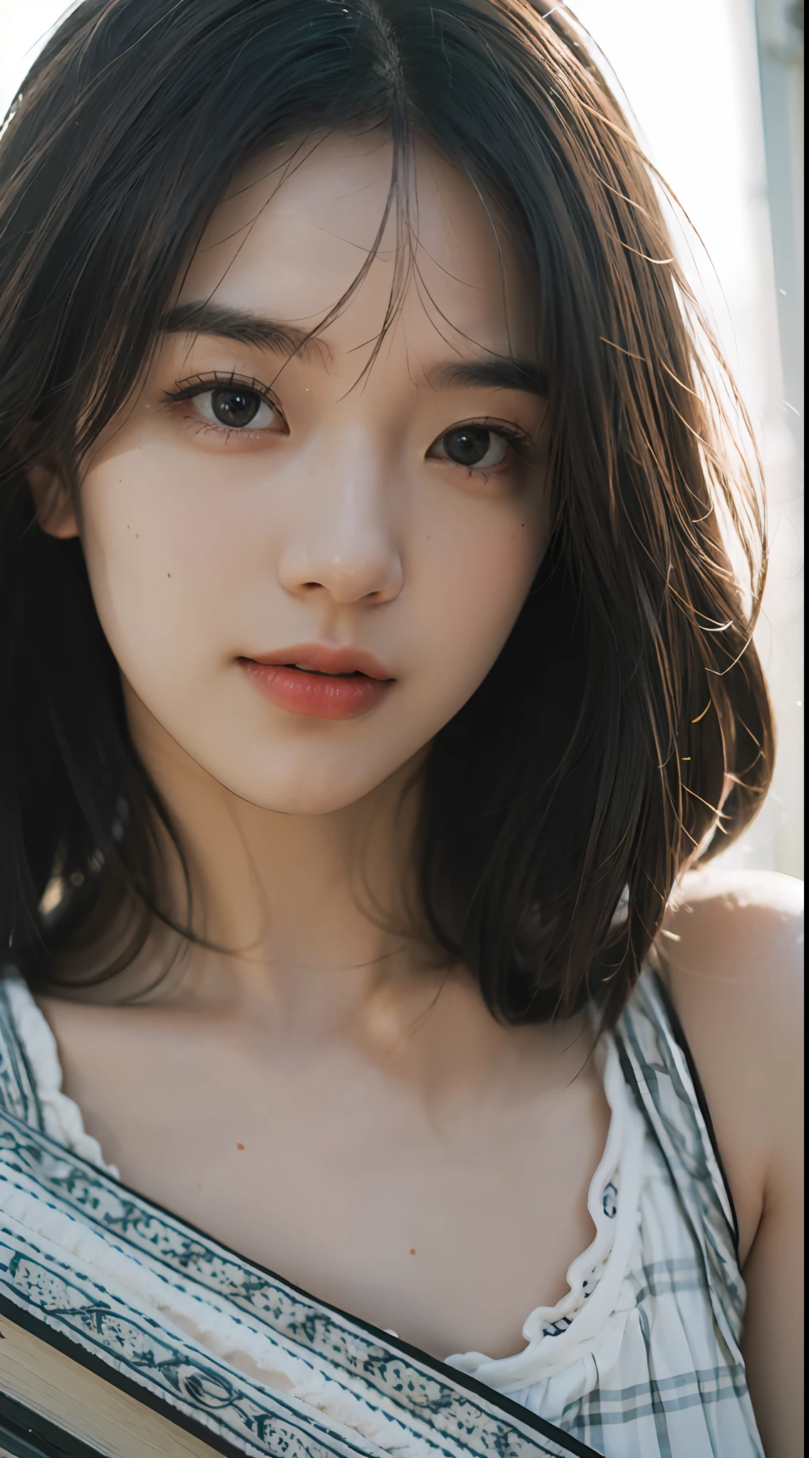 Best Quality, Masterpiece, Ultra High Resolution, (Realistic: 1.4), Original Photo, Head Photo, Skin, Simple Background, Black Eyes, Detail, Selfie, 1 Girl, Book, Sunlight,