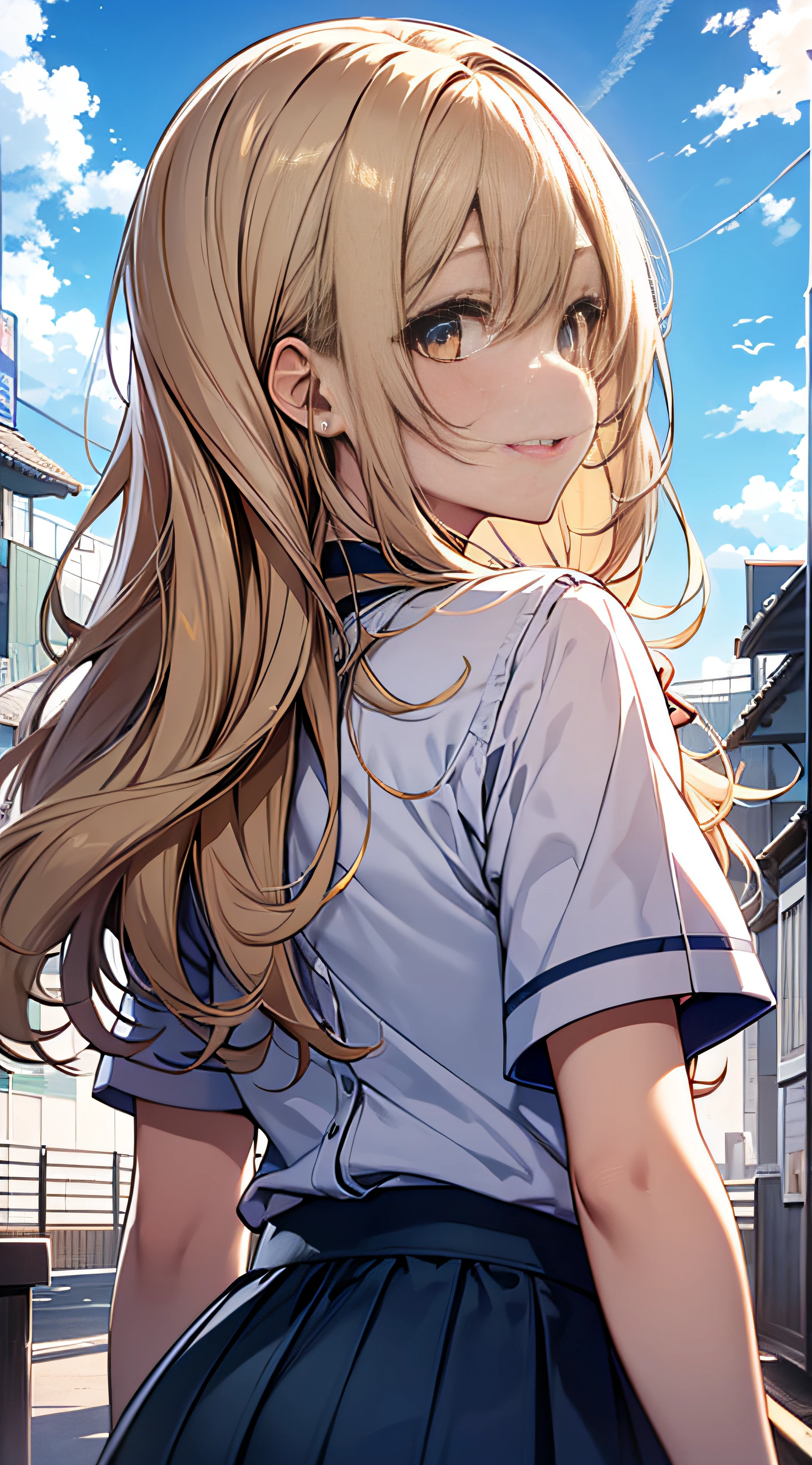 (Best Quality) ++, (Masterpiece) ++, (Very Detailed) ++, 8K, 1 girl, with your back to the viewer, facing the sky, blue sky, perfect sky condition, summer sky, detailed Japan high school uniform, detailed sky, 8K, medium, schoolgirl, happy face, glowing eyes, back hands, golden hair, long hair,