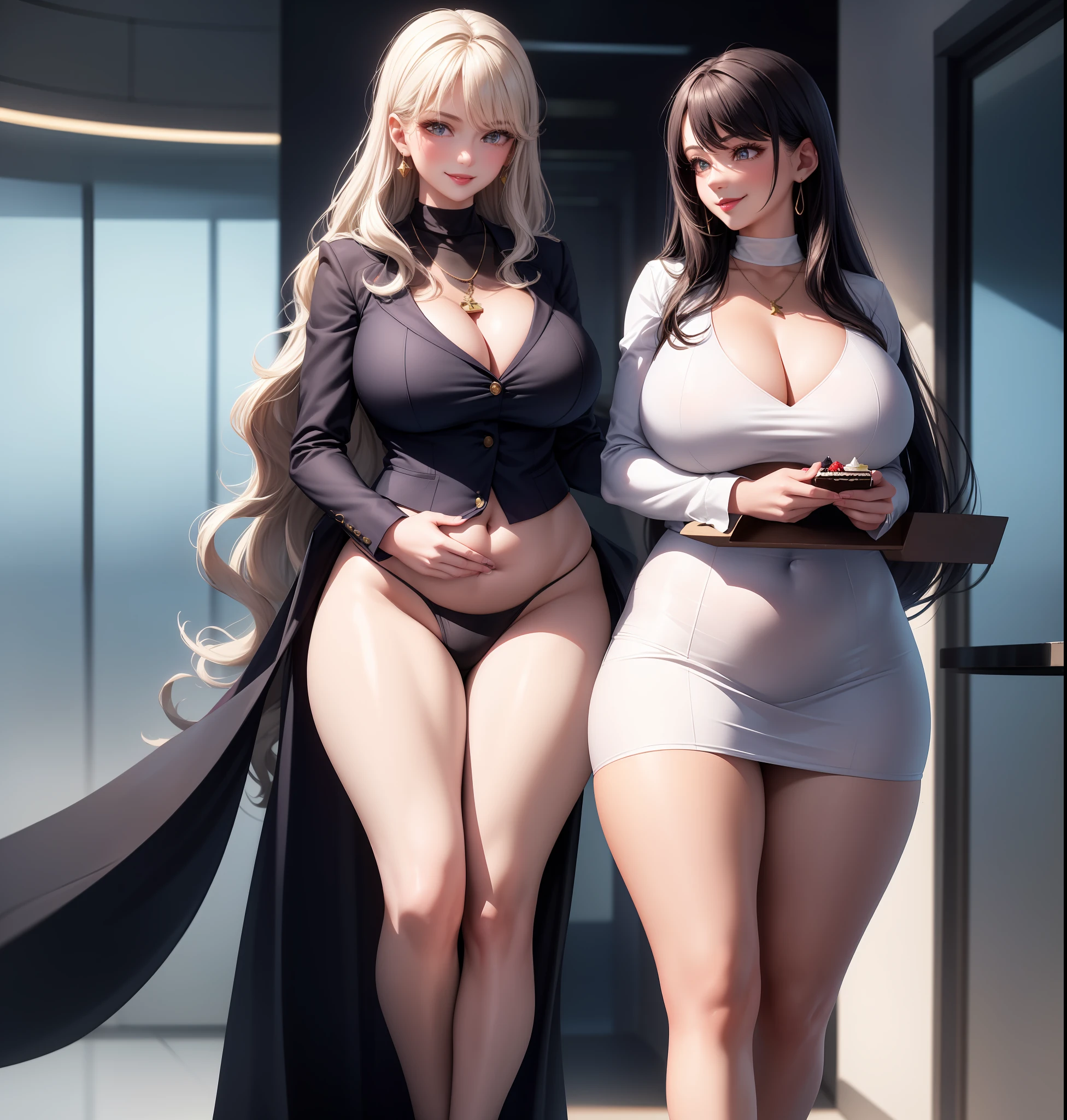 (8k, Masterpiece: 1.2), (Ultra Detail, Sexy), (Smile: 1.1), ((White Wavy Long Hair): 1.3, Beautiful Detail Eyes, Big Black Eyes, Perfect Proportions, Bright Eyes, Light Makeup, Necklace, Earrings, Pink and Moist Lips), Two sexy mature wives with big breasts walking towards me on the plane, they are wearing the low-cut uniforms of flight attendants, holding exquisite cakes in their hands to eat, white cream dripping on their skin, (big breasts, thin waist, long legs, plump buttocks, stretchy flesh, fair and moist skin, dignified and religious,), (ambiguous atmosphere, hazy background, fairy tale world: 1.2)
