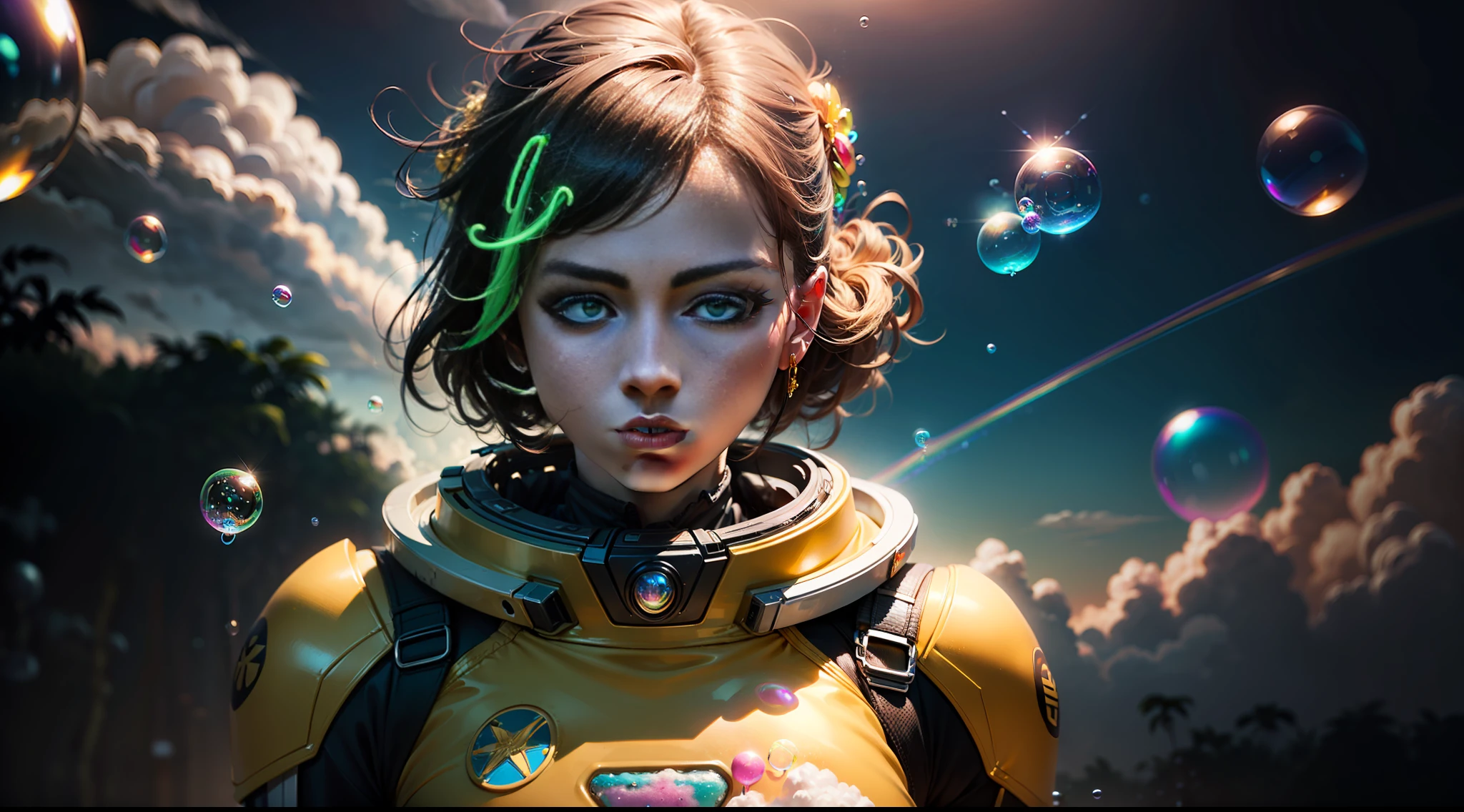 hd masterpiece, one standing woman space cadet looking at camera, detailed face, mid shot, golden suit, ((colorful clouds)) and (((neon soap bubbles))), jungles background