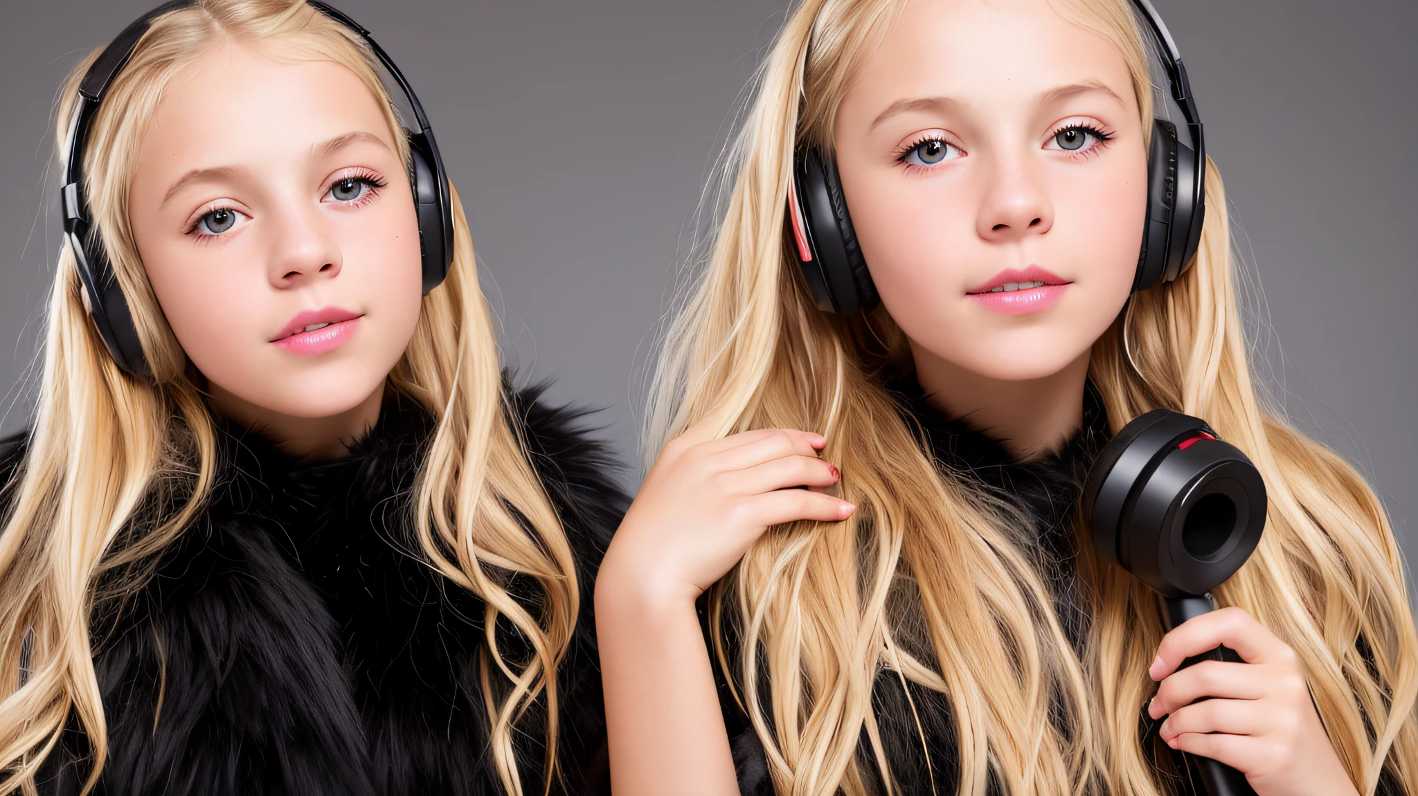 GIRL CHILD , RUSSIAN STYLE BLONDE HEADPHONES, BLACK FUR COAT, MESSY SHOULDER LENGTH BLONDE HAIR, RED BACKGROUND, BROWN EYES, HAPPY, CLEAN DETAILED FACES, INTRACATE CLOTHES, ANALOGOUS COLORS, BRIGHT SHADOWS, BEAUTIFUL GRADIENT, DEPTH OF FIELD, CLEAN IMAGE, HIGH QUALITY, HIGH DETAIL, HIGH DEFINITION, LUMINOUS STUDIO GRAPHICS ENGINE, BEAUTIFUL FACE