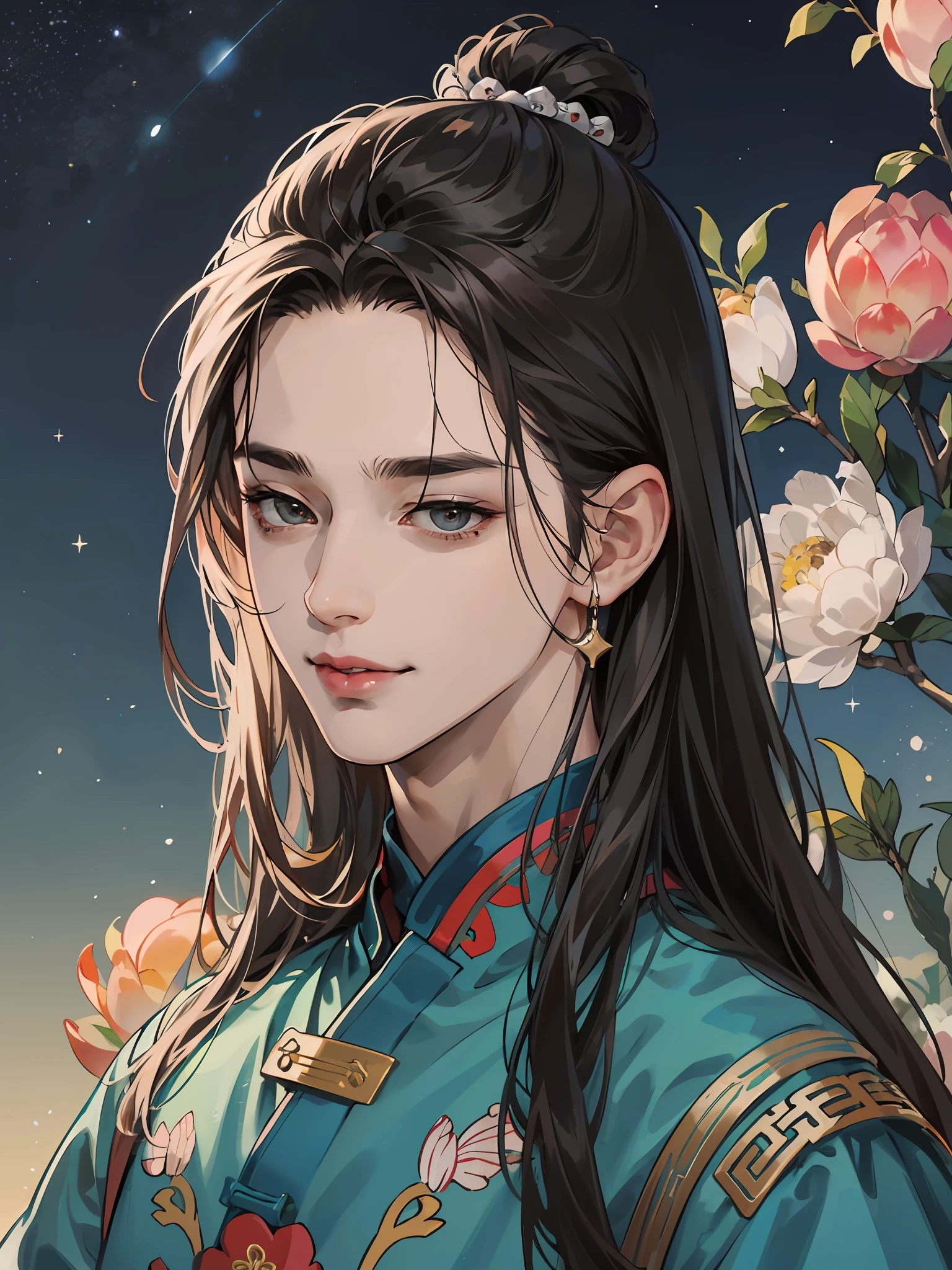Absurdity, high resolution, super detail, texture detail, clear presentation, HD details, detailed performance, fine details, clear face, accurate restoration, clear eyeballs, (1 person: 1.3), hand-drawn simple lines, one man in Han style, man in blue costume in ancient Chinese style, masterpiece, smile, black hair, slightly muscular man, slim, thick and dignified, large curved eyebrows, big eyes, peach blossom eyes, peach blossom eyes, black eyes, chiseled face, large nose, wide forehead, brown skin, tear bags, long lashes, starry sky, night