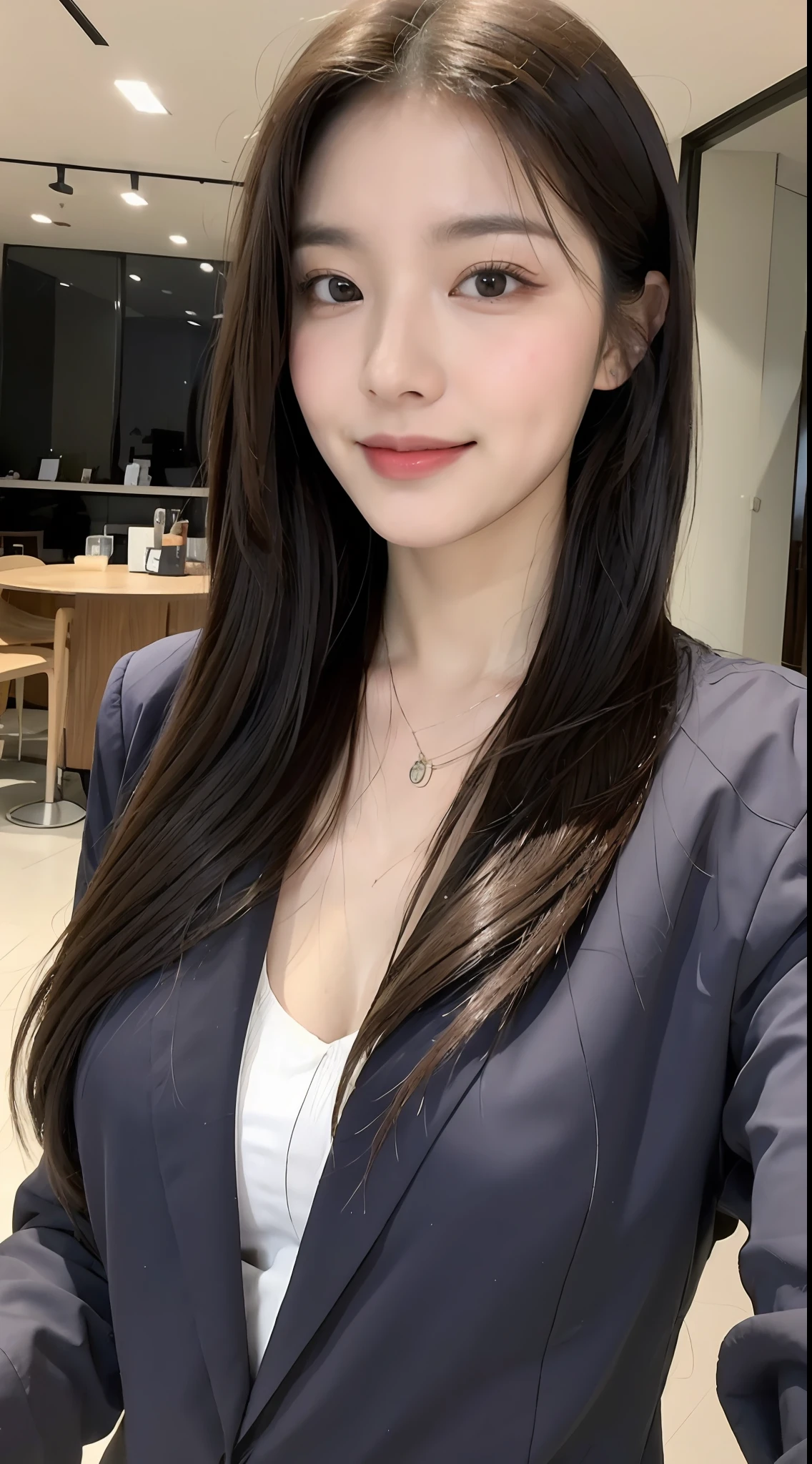 (1 Korean girl with royal sister style), ((best quality, 8k, masterpiece: 1.3)), (front photo), perfect body beauty: 1.4, (smile), (Street: 1.3), highly detailed face and skin texture, delicate eyes, double eyelids, whitened skin, (air bangs: 1.3), (round face: 1.5), (work suit: 1.4),