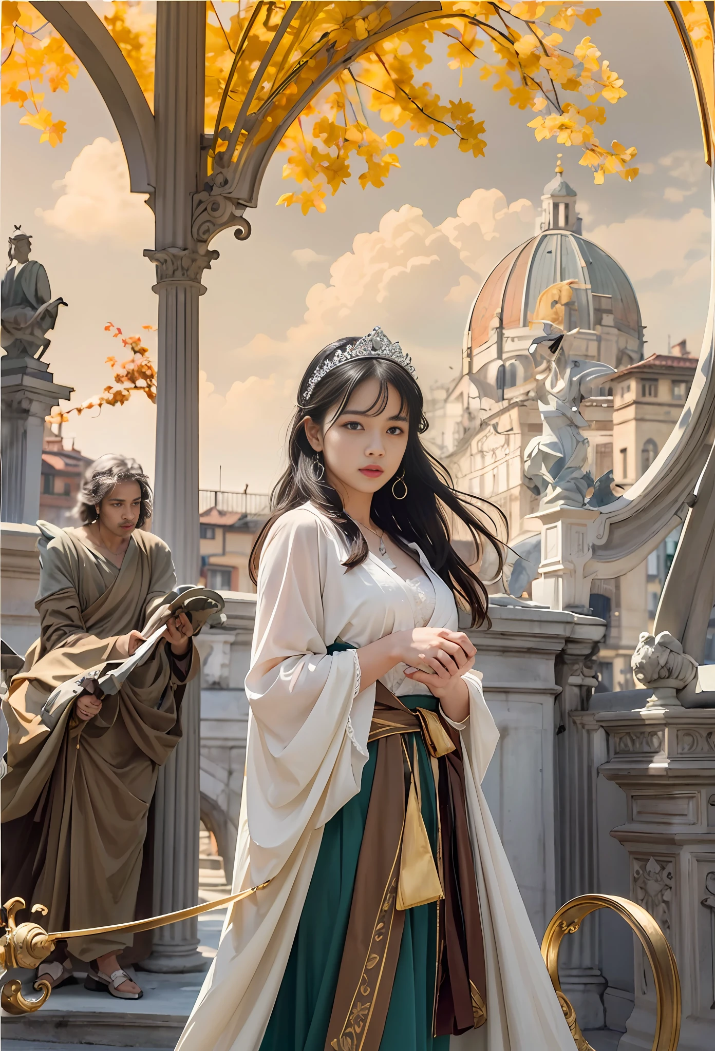 Model shooting style, (extremely detailed CG Unity 8k wallpaper), full-shot body photo of the most beautiful artwork in the world, stunning beautiful photo realistic available, super realistic super detailed photo, a beautiful girl as a female dancer entering the Loggia dei Lanzi of Florence,complex dress, banquet, crowd, [slight smile], (Sculpture of Hercules background), (princess eyes, shining pupils), detailed symmetrical beautiful hazel eyes, detailed gorgeous face, highly detailed, Vibrant, professional majestic oil painting by Ed Blinkey, Atey Ghailan, Studio Ghibli, Jeremy Mann, Greg Manchess, Antonio Moro, ArtStation Trends, CGSociety Trends, Complex, High Detail, Sharp Focus, Dramatic, Realistic Painting Art, by Midjourney and Greg Written by Rutkowski