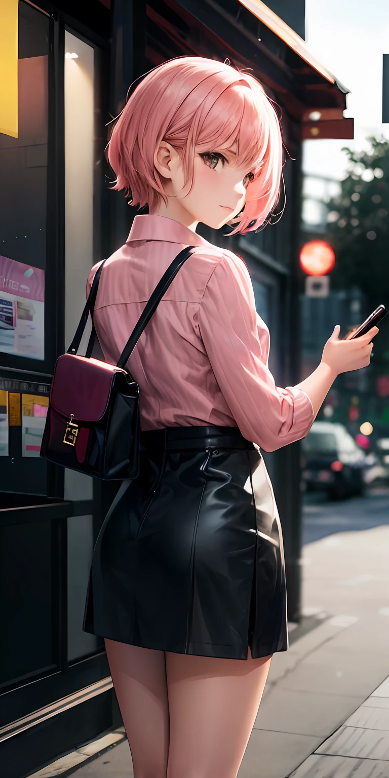 1 girl, short pink hair, small satchel, back to the camera, looking ahead, (office wear: 1.5), Japanese anime style, evening, (standing in front of the store 1.5), collared long-sleeved shirt, hip skirt