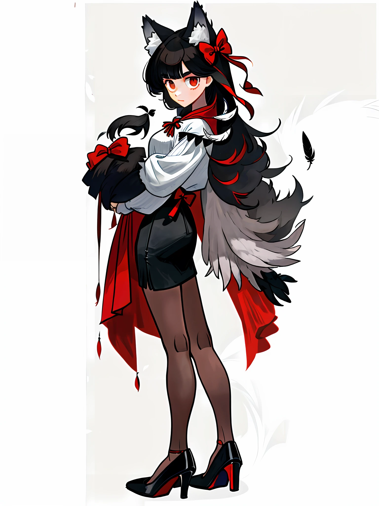 Full body, red bow decoration, red and black skirt, black-haired girl, wolf ears, feathers, high heels