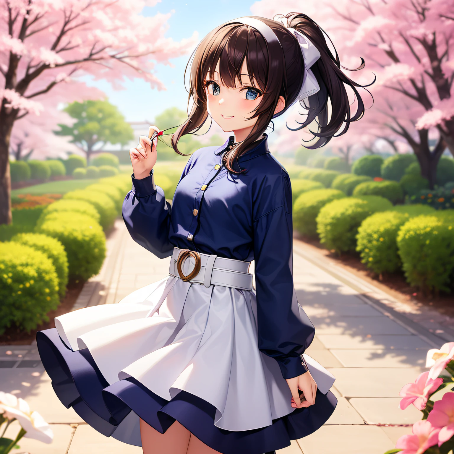 Top quality, very delicate and beautiful, girl, 11 years old, (dark brown hair), blue clothes with vertical buttons, belt at the waist, white skirt, (ponytail)), (white hair band), (brown boots), blue eyes, standing, smiling, background Japan garden and cherry blossoms