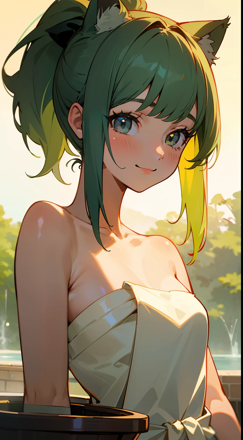 ((Masterpiece)), ((Best Quality)), Illustration, One Girl, Hair color, Bangs, Hairstyle Fax, Portrait from waist up, Nude, Hide body with towel, Women, Cat ears, Long light green hair, Gray eyes, Ponytail, Dull bangs, Smile, Hot springs