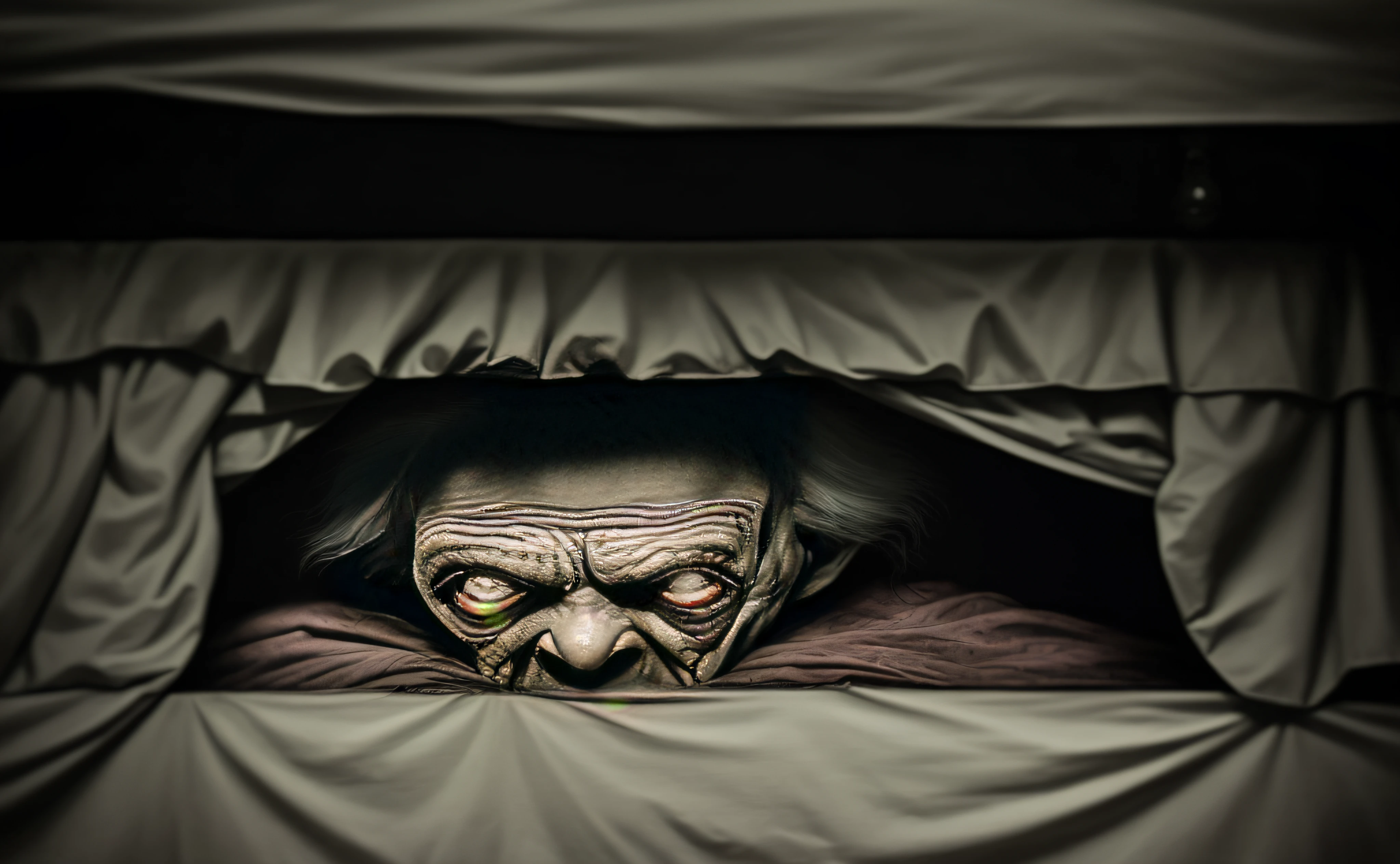 arafed image of a creepy looking old woman in a bed, horror photography, award winning horror photography, scary portrait, the monster under the bed, horror surreal art, detailed 4k horror artwork, creepy photography, scary picture, by Aleksander Kobzdej, horror photo, eerie person, scary look, by Adam Marczyński