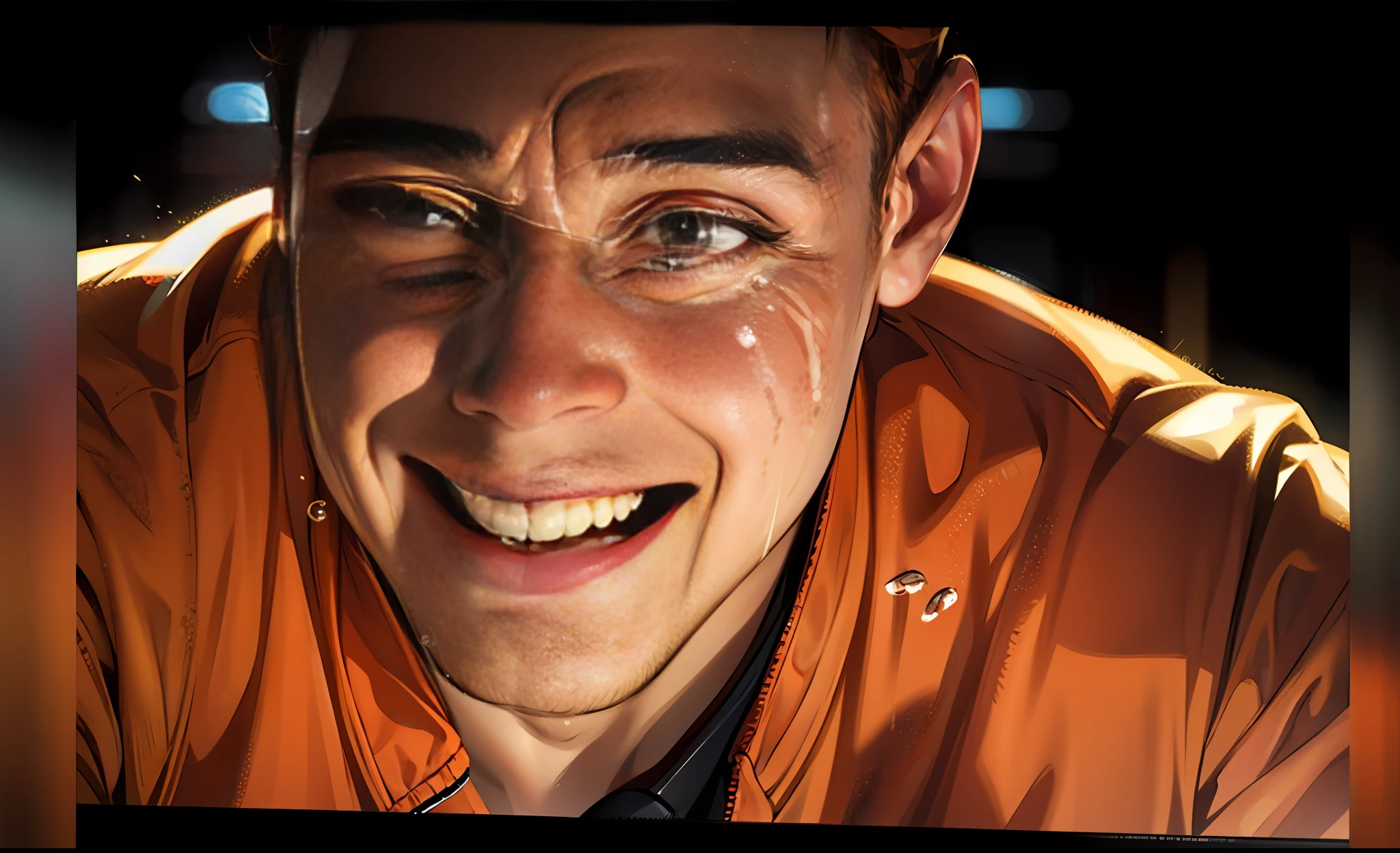 Crying man with a smile on his face, looking at the computer screen, crying, movie screen cover, tears running down his face, frowning, movie screen shot, movie scene close-up, crying. Crying and laughing, his expression is grief-stricken, orange clothes, dark room, ultra HD, 4K