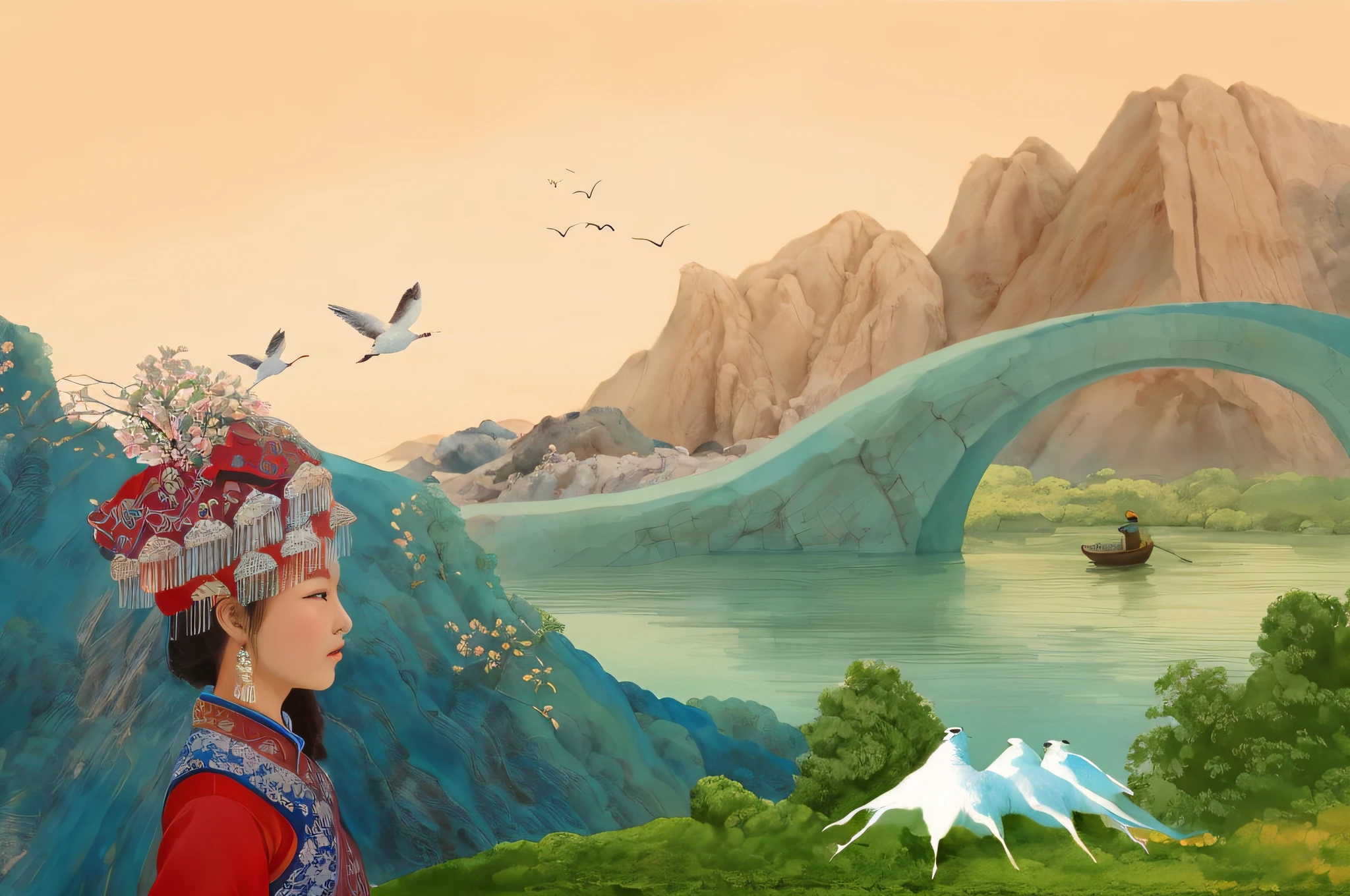 Chinese landscape painting, painting a woman standing in front of the river in traditional costume, beautiful artwork illustration, film Silk Road Blue Scene, Gu Zhiwei style artwork, Chinese dreams, stylized digital illustration, inspired by Fenghua Zhong, inspired by Gu Hongzhong, Chinese watercolor style, Chinese landscape, inspired by Jiang Tingxi