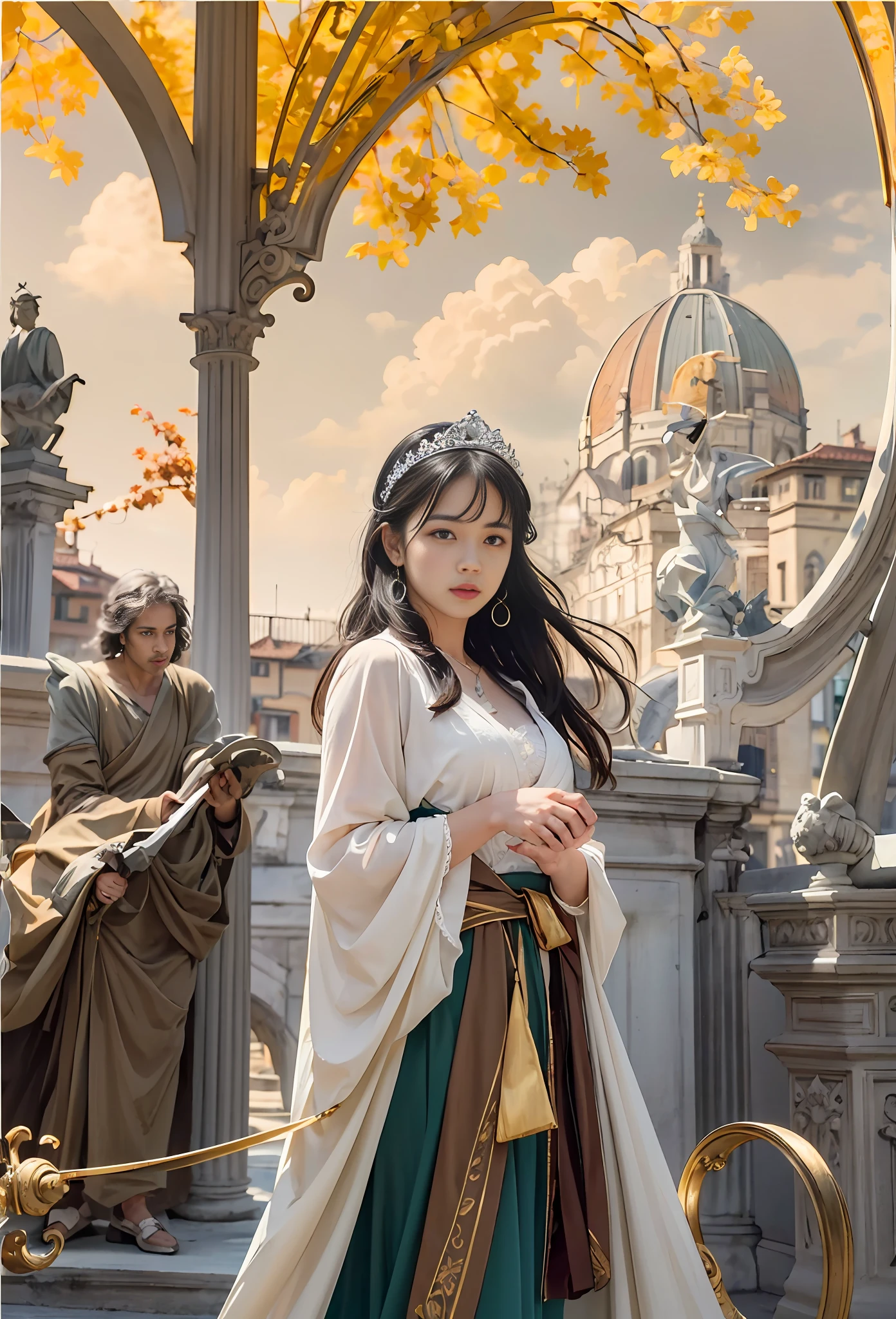 Model shooting style, (extremely detailed CG Unity 8k wallpaper), full-shot body photo of the most beautiful artwork in the world, stunning beautiful photo realistic available, super realistic super detailed photo, a beautiful girl as a female dancer entering the Loggia dei Lanzi of Florence,complex dress, banquet, crowd, [slight smile], (Sculpture of Hercules background), (princess eyes, shining pupils), detailed symmetrical beautiful hazel eyes, detailed gorgeous face, highly detailed, Vibrant, professional majestic oil painting by Ed Blinkey, Atey Ghailan, Studio Ghibli, Jeremy Mann, Greg Manchess, Antonio Moro, ArtStation Trends, CGSociety Trends, Complex, High Detail, Sharp Focus, Dramatic, Realistic Painting Art, by Midjourney and Greg Written by Rutkowski