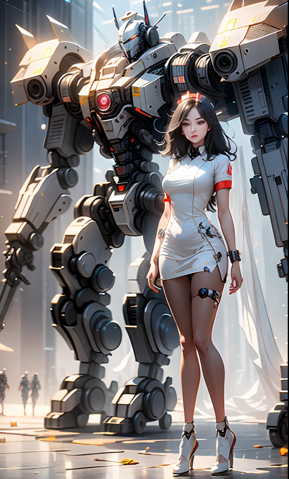Infirmary, curtains, 1girl, full body photo, mecha nurse, medical nurse beauty, mecha white dress, long legs, dynamic pose, crystal high heels, black silk, behind him is a Crusader medical treatment robot, rear supply force machine, carrying a huge mechanical syringe, typical medical maintenance machine design, masterpiece, the best quality, very detailed