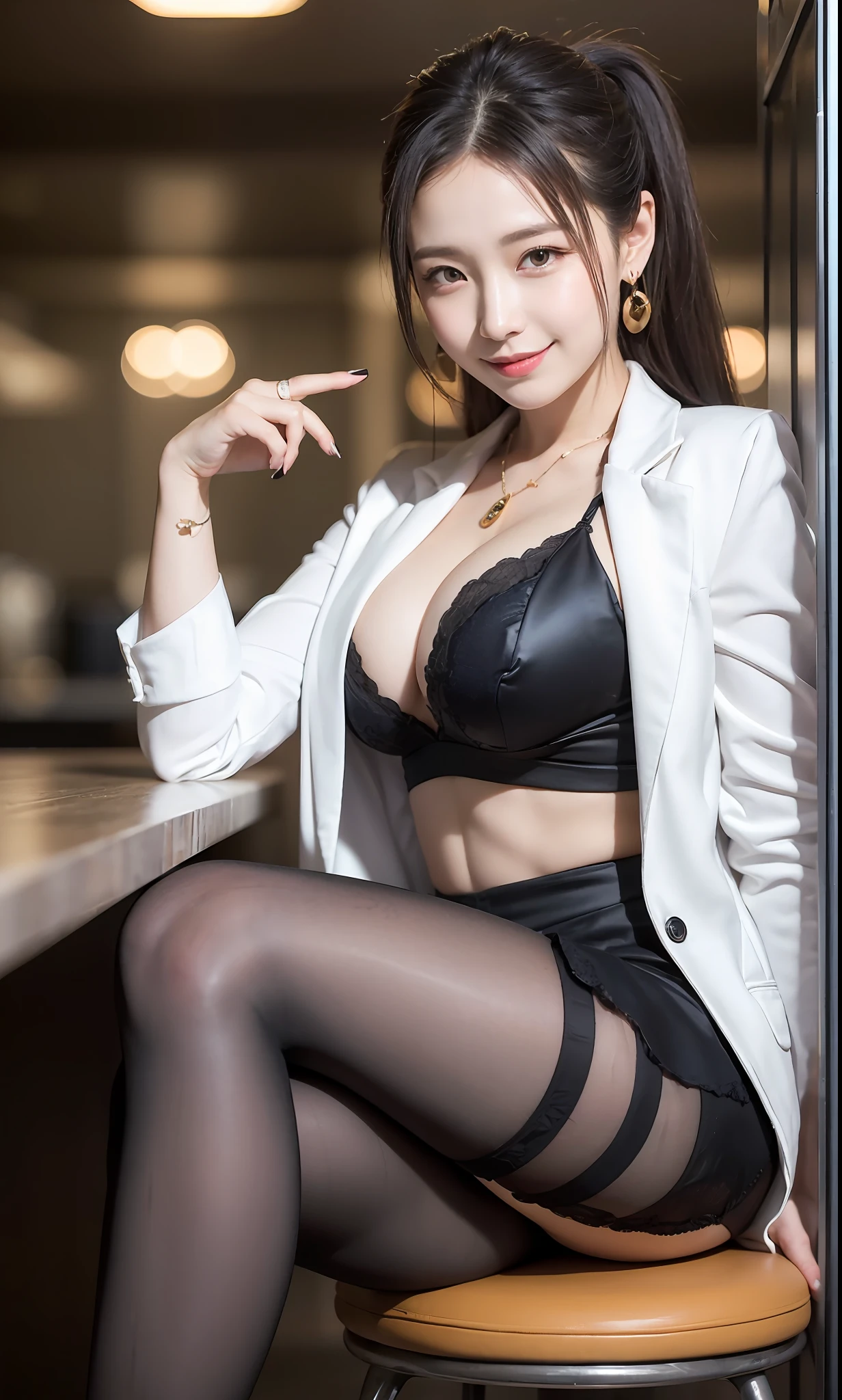 Delicate, Masterpiece, Beautiful Detail, Colorful, Fine Detail, Detail, Detail, Big Breasts, 1 Woman, (20 Year Old Beautiful Korean Woman: 1.1), (KPOP Idol, Korean Mix), (50mm Sigma f/1.4 ZEISS Lens, F1.4, 1/800s, ISO 100, Photo: 1.1), (Ponytail + Blonde: 1.2), Realistic: 1.4), (Spy: 1.2), (dark blue open jacket, shirt, skirt, tie, black pantyhose, Christian Louboutin \ (brand\): 1.3), earrings, necklace, armlets, (tavern: 1.2), (beautiful legs, tall woman, skinny, slim legs, thigh gap, model: 1.2), lens flare, happy smile from the front: 1.1), Dynamic pose, (make: 1.2), sitting on bar stools, Nogizaka idol, Korean idol, actress, gravure idol, armpit, arms crossed, android