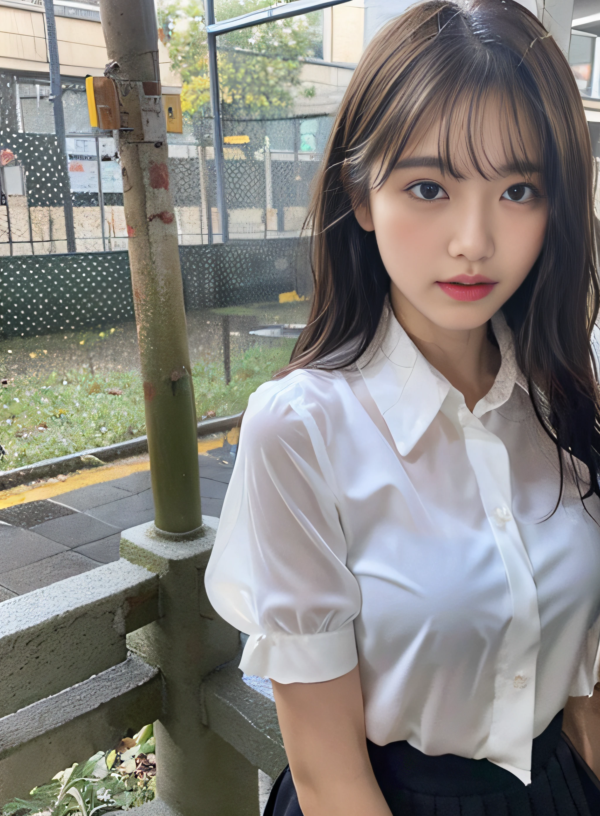 8k, RAW Photo, (Top Quality, Masterpiece, Intricate Detail: 1.4), (Real, Photorealistic: 1.3), (Realistic: 1.3), Photorealistic, Gravure Lighting,
  Japanese female student, rainy daytime, schoolyard, heavy rain, (whole body soaking wet: 1.5), white blouse in school uniform, (rainy wet transparent blouse: 1.5), (rainy wet blouse sticking to skin: 1.2) , ribbon, wet uniform skirt, knee-length skirt, beauty like a Japanese idol, 16 years old, sad expression, light makeup, thin eyebrows,
  Fine and beautiful face, fine eyes, (tear bags: 1.5), fine fingers, fine legs, fine skin, (wet hair: 1.8), (wet bangs: 1.5), (wet skin: 1.8) ), medium breasts, (nipple protrusions), shiny hair, shiny skin, (wet and drippy hair: 1.5) , (wet and drippy skin: 1.5)