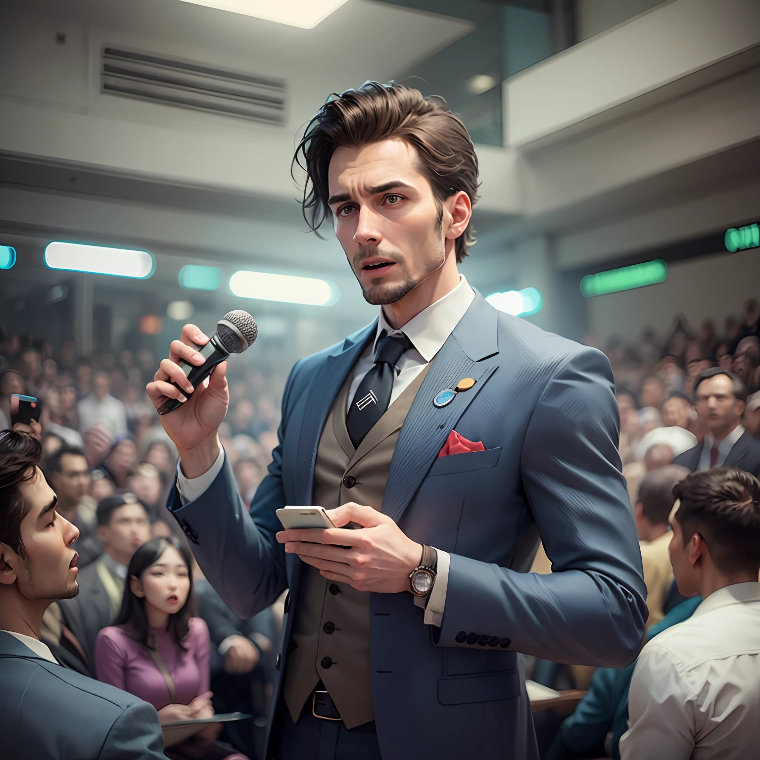 A man in a suit lecturing to a crowd