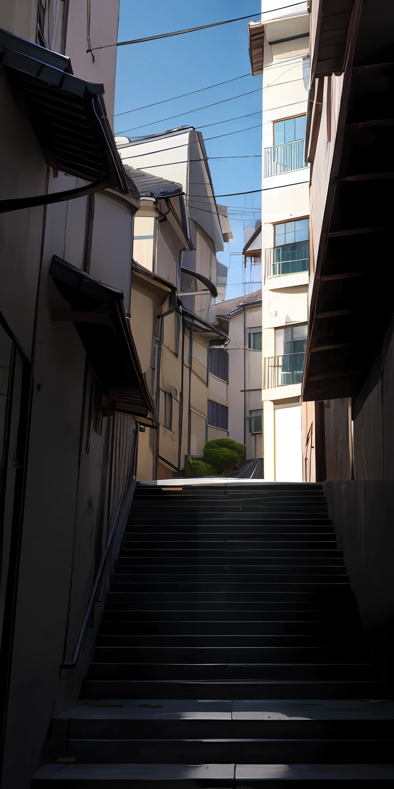 stairs, apartment buildings, overhead shots, Japanese anime style,