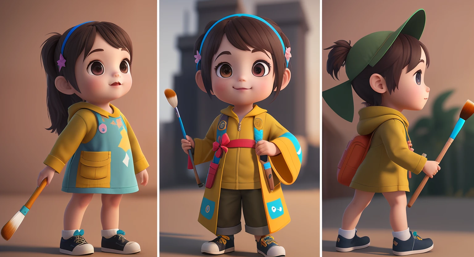 There are three pictures of little girl with brushes, children's art in Artstation, cute digital painting, cute 3D rendering, 3D hyper detail, small characters. Unreal Engine 5, 3D character art, 3D rendered character art 8 K, for hiring 3D artists, 3D characters, cute digital art, no hats
